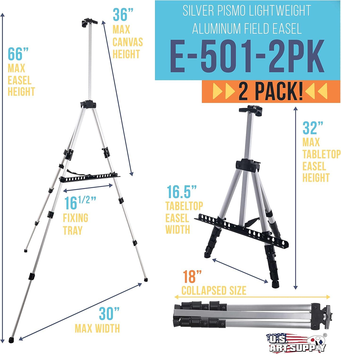 U.S. Art Supply 66" Silver Aluminum Tripod Artist Field Display Easel Stand (Pack of 2) - Adjustable, Floor and Tabletop