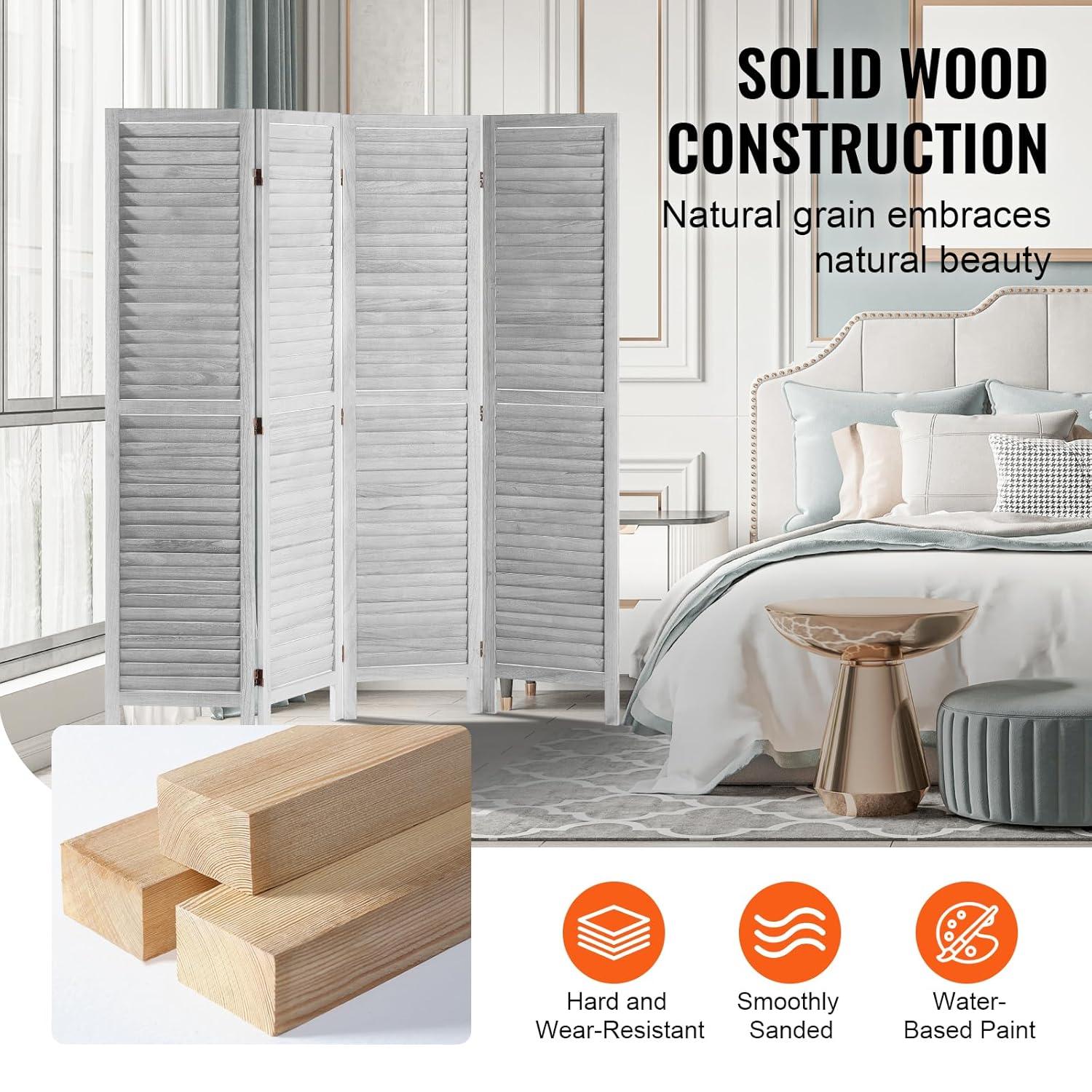 Wood Room Divider, 8 Panel Wood Folding Privacy Screen, 66.9 in. Tall Indoor Louvered Wooden Partition, Portable