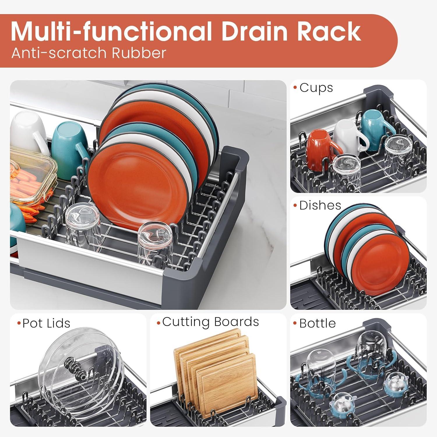 TOOLF Extendable Dish Rack, Dual Part Dish Drainers with Non-Scratch and Movable Cutlery Drainer and Drainage Spout, Adjustable Dish Drying Rack for Kitchen, 1 Piece White