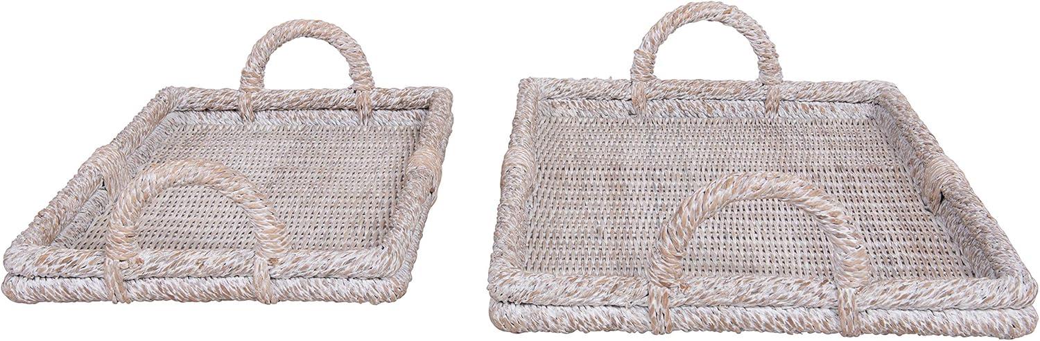 Creative Co-Op Decorative Rattan Trays with Handles & Whitewashed Finish (Set of 2 Sizes)