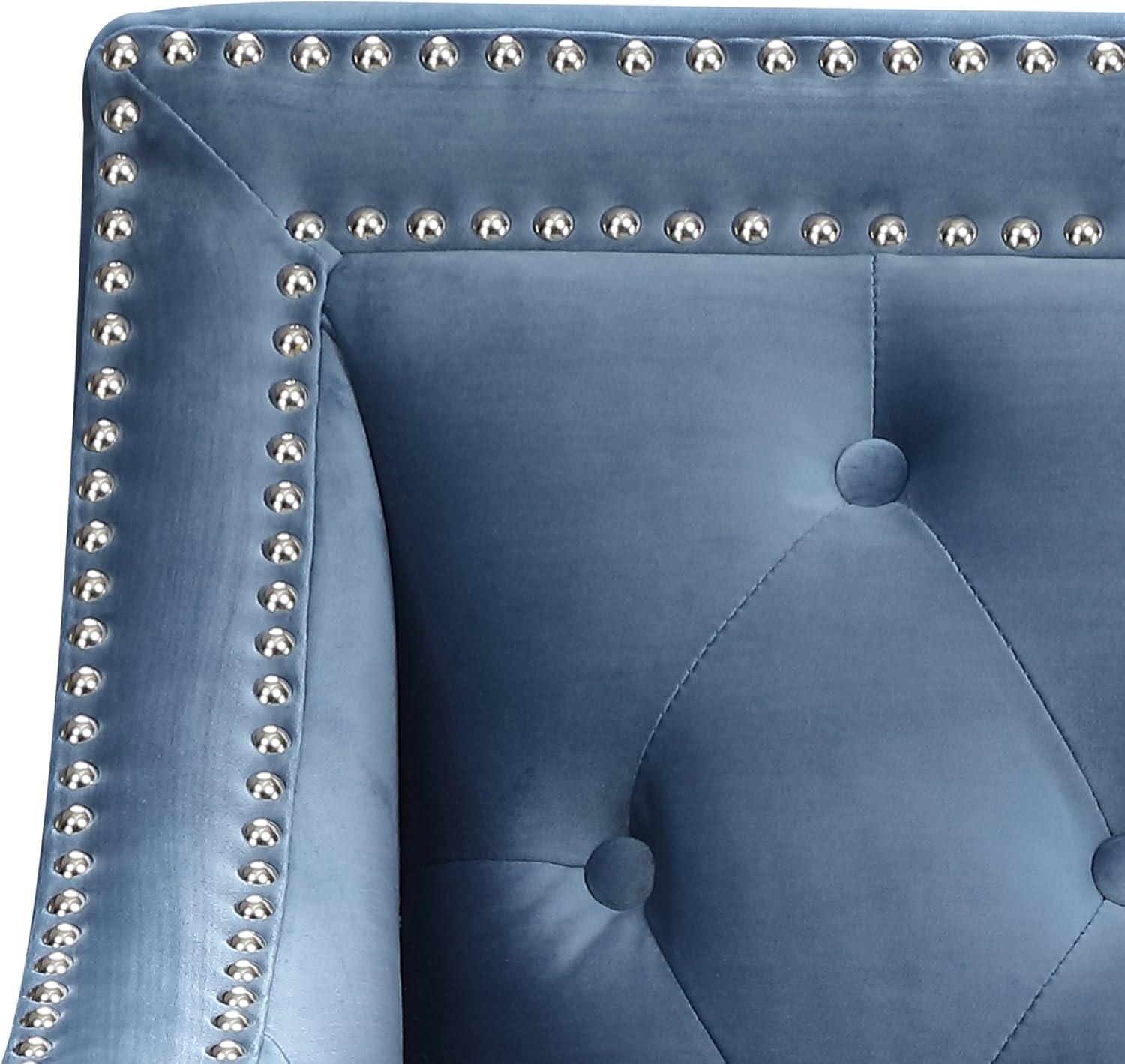 Marine Blue Velvet Square-Arm Accent Chair with Silver Nailhead Trim