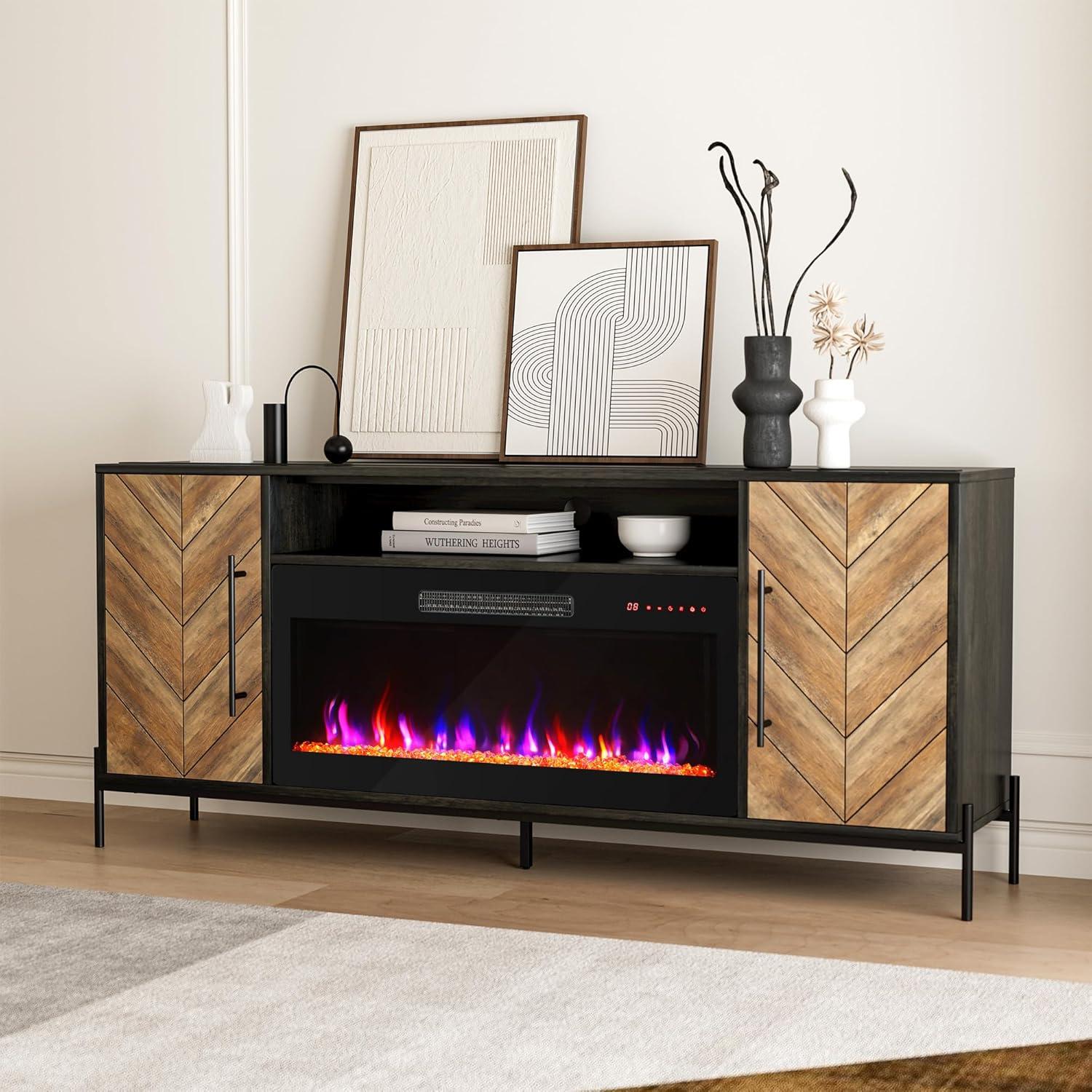 BELLEZE 68" Wood TV Stand with 36" Electric Fireplace, Entertainment Center with Storage Cabinet, Console Table for TVs up to 75 Inches, for Living Room, Bedroom - Harper (Black Ebony)