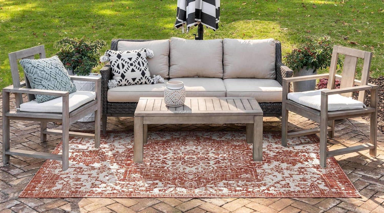 Rust Red and Ivory Rectangular Outdoor Area Rug