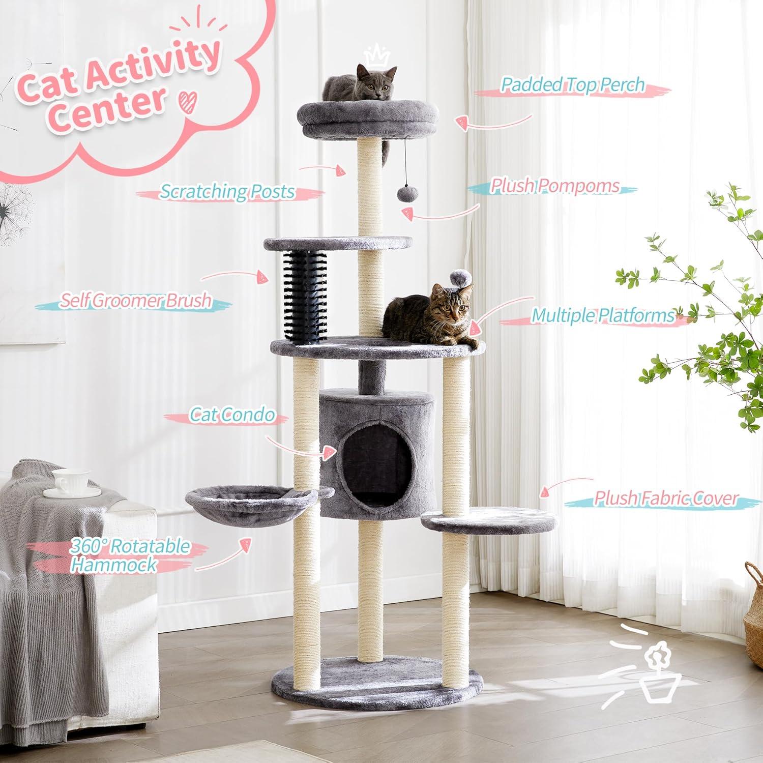 60.2 inch Large Cat Tower with Soft Hammock, 5-Level Tall Cat Condo, Sisal Scratch Posts, Pompoms