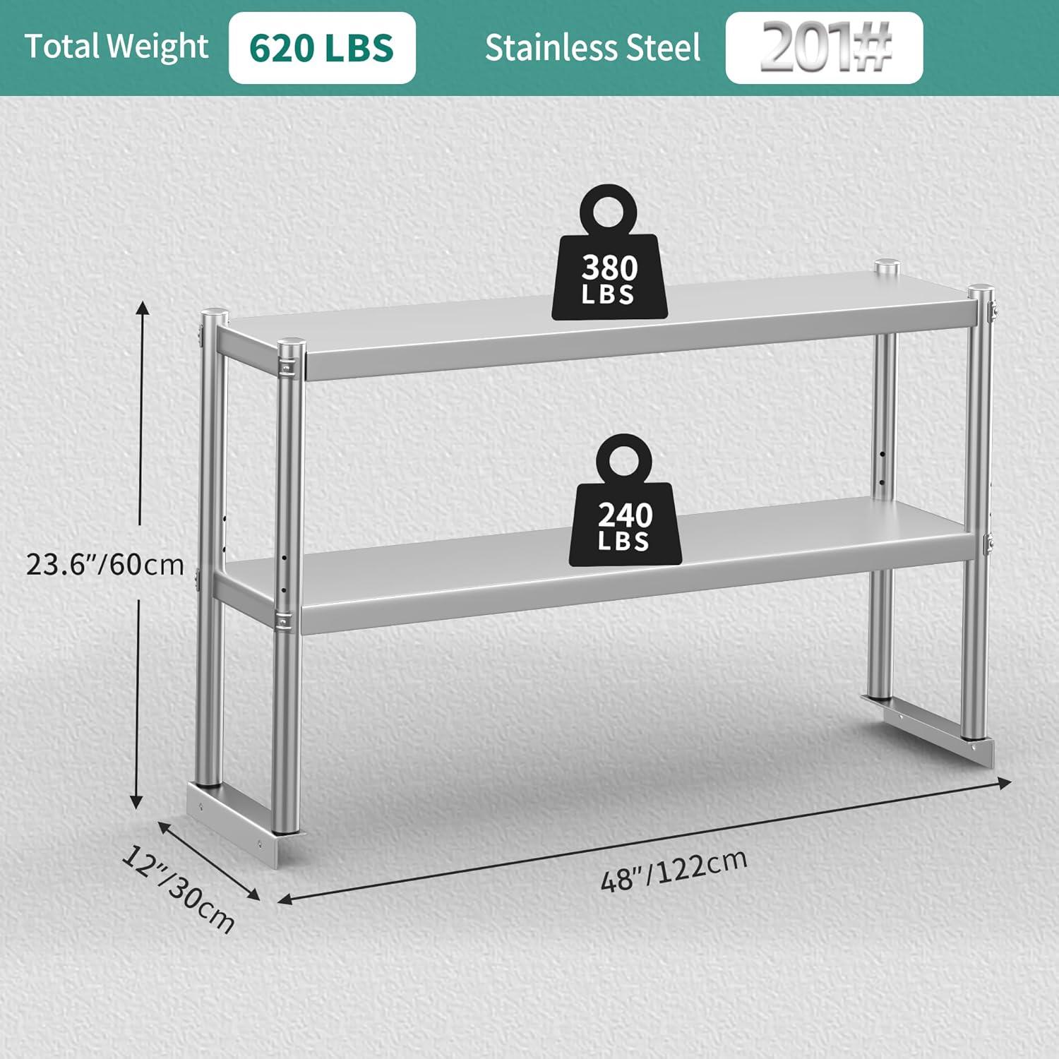 Adjustable Stainless Steel Double Tier Overshelf for Kitchen Prep Table