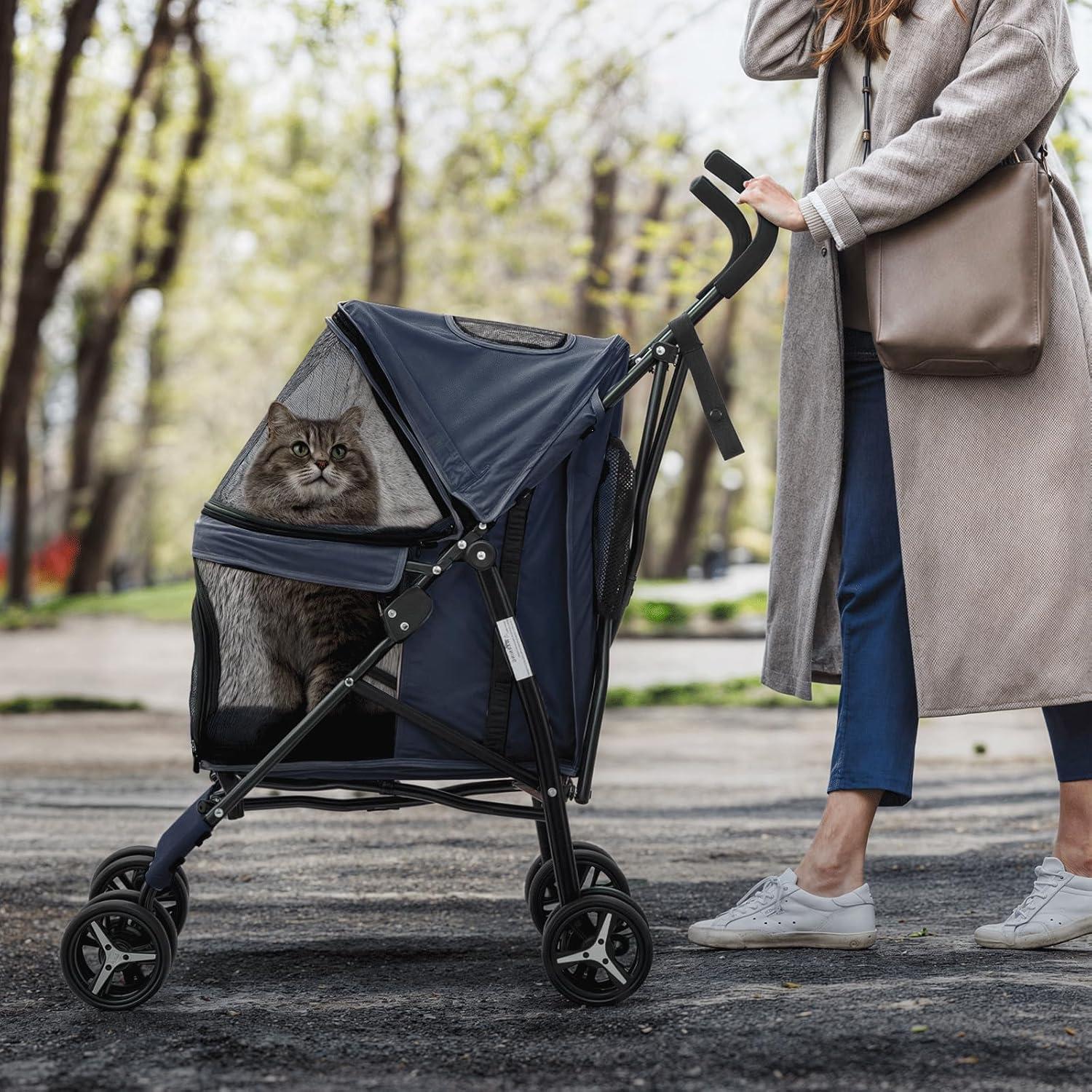 MoNiBloom 4 Wheel Folding Pet Stroller, Foldable Dog Jogger Stroller with Adjustable Canopy and Mesh Window