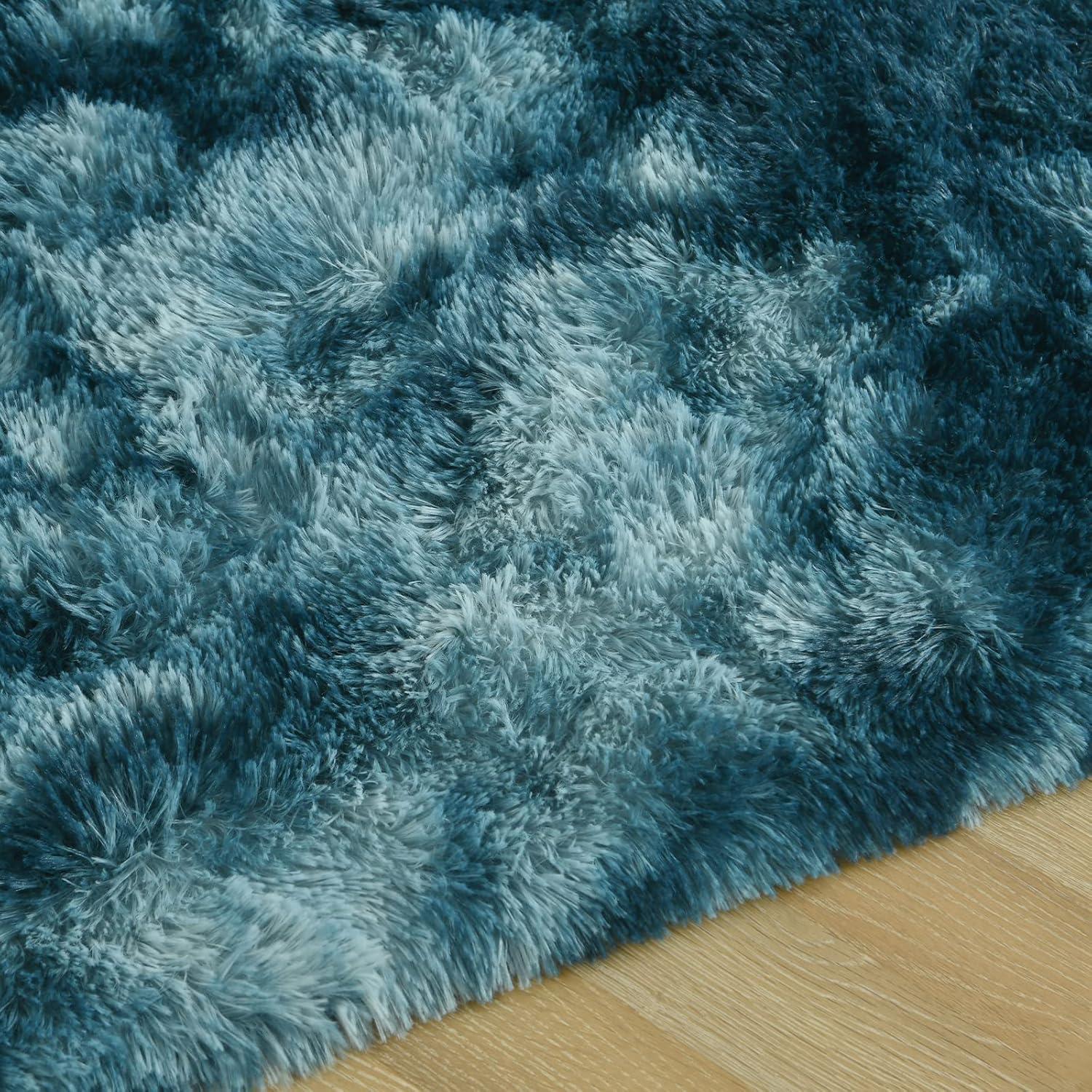 DweIke Fluffy Peacock Blue Rugs for Bedroom Living Room, 3x5 Feet Soft Plush Shaggy Tie-Dyed Teal Blue Girls Boys Kids Rug, Upgraded Non-Slip and Machine Washable Carpet for Dorm Nursery Decor