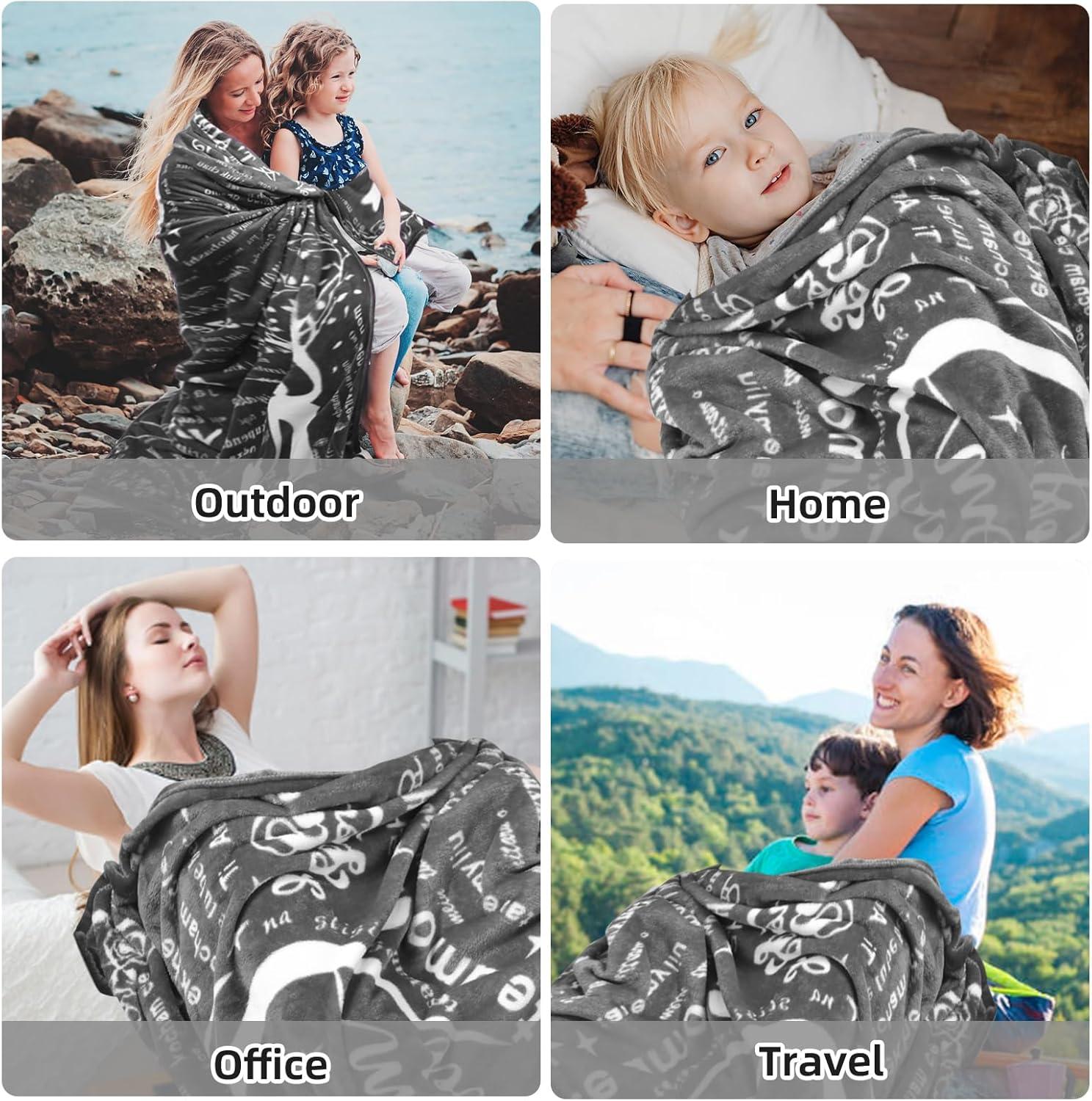 Gifts for Mom Wife Valentines Day Throw Blanket Gifts for Grandma, Best MOM Ever Surrounded by Heart Shape with 100 Languages I Love You Blanket, Mom Gifts Christmas Mother‘s Day 60''x70''