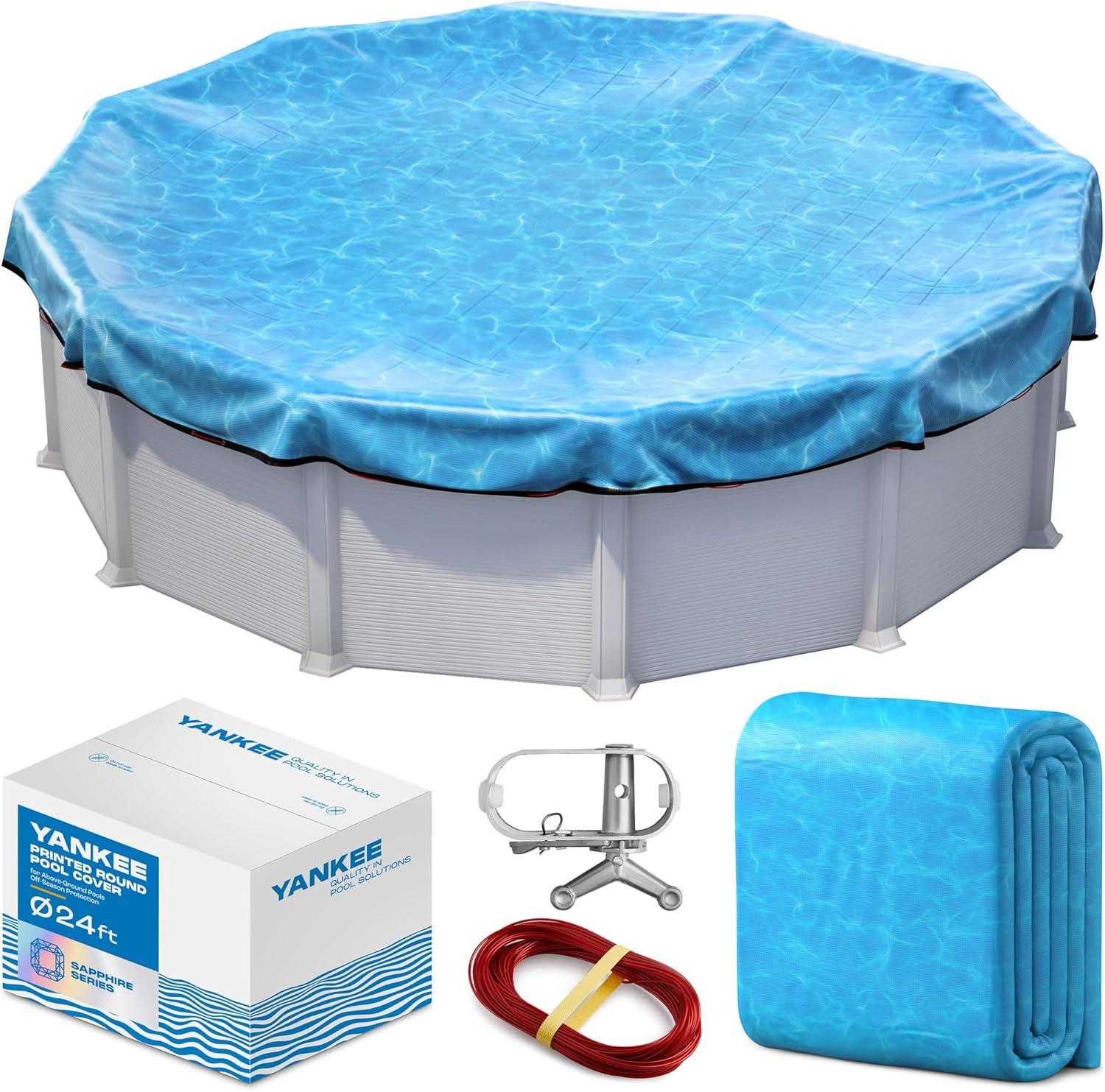 24ft Round Blue Above Ground Pool Cover with Steel Cable