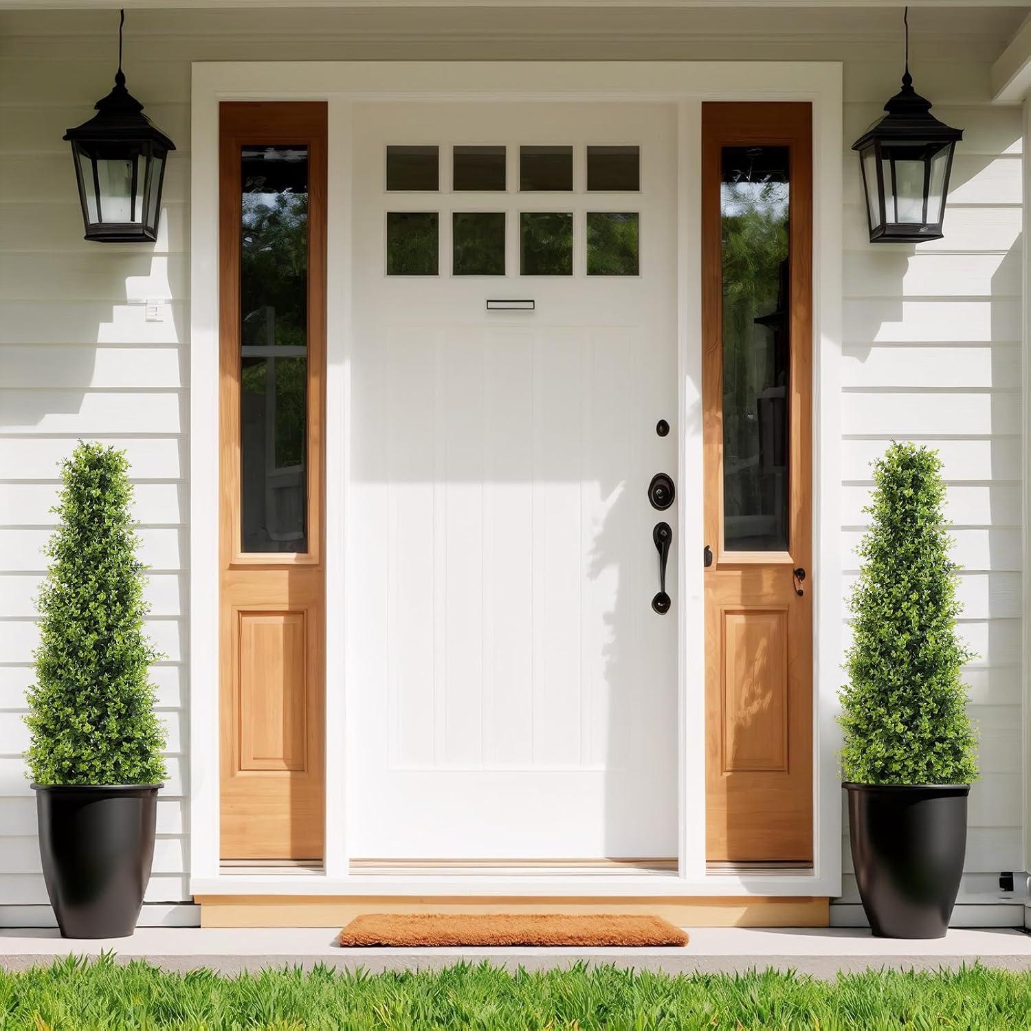 4ft Artificial Boxwood Topiary Trees, Set of 2 – UV Resistant Faux Evergreen Shrubs and Bushes for Outdoor Planters, Realistic Fake Plants for Front Porch Outside Patio Yard, 4 Foot Tall