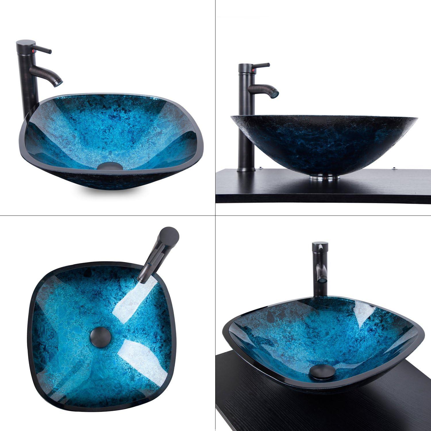 16" L x 16" W Glass Bathroom Vessel Sink Square Tempered Glass Art Basin Above Counter Bathroom Sink