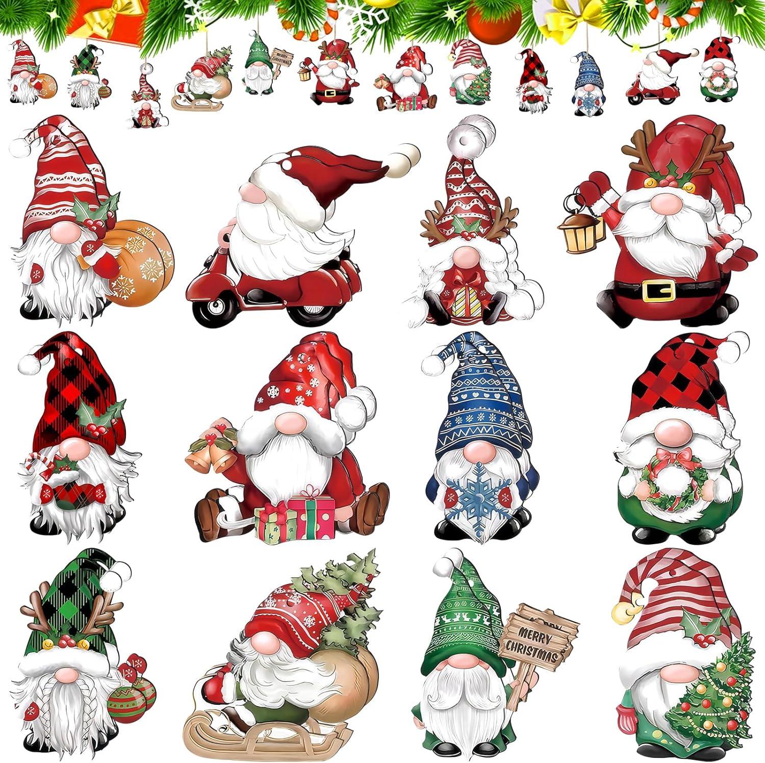 24pcs Gnome Christmas Ornaments Set - Festive Decorations with Wooden Gnomes for Tree Adornments & Ultimate Holiday Celebration Accessories