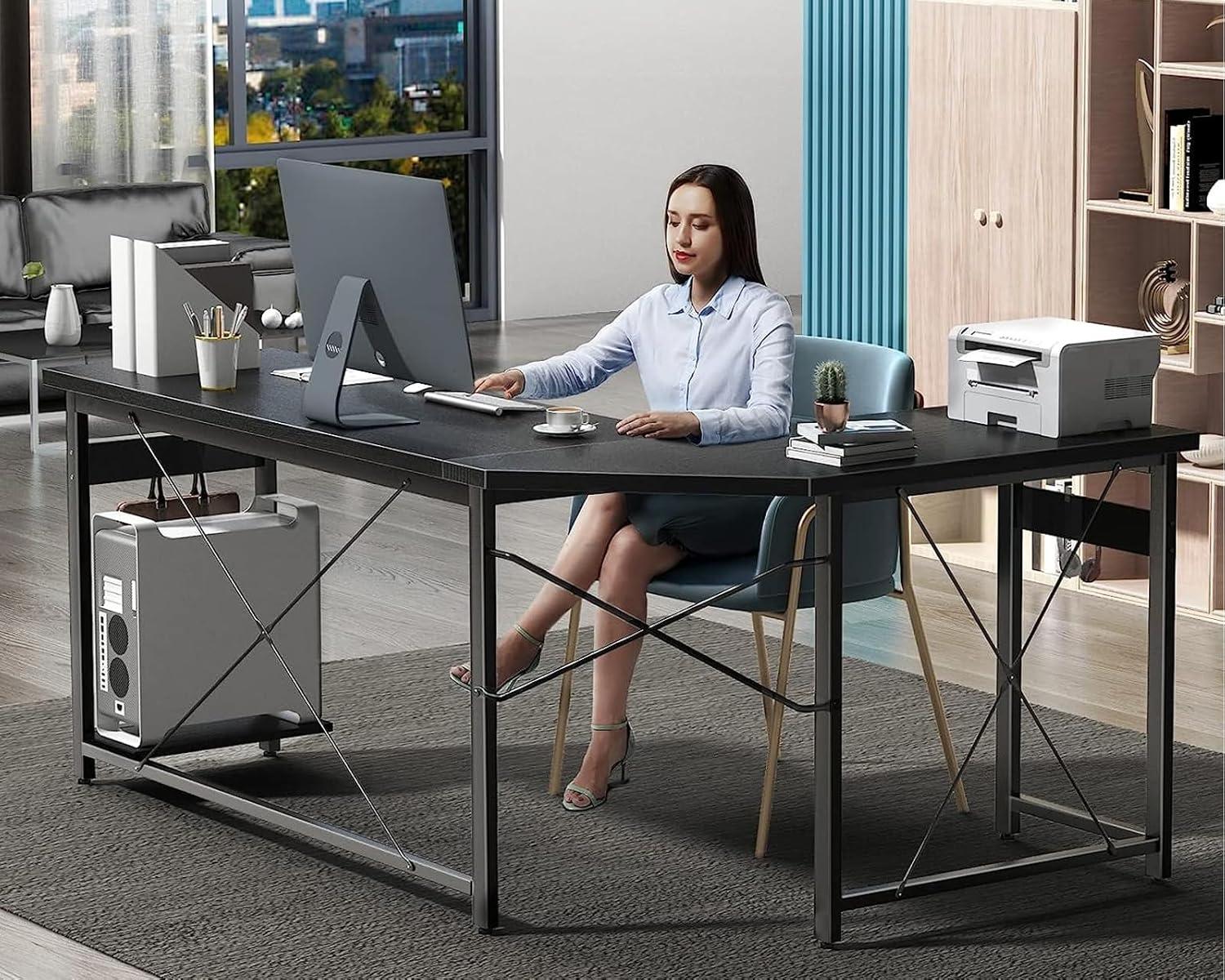Coleshome 59" L Shaped Corner Computer Desk, Sturdy Home Office Table, Writing Larger Gaming Workstation, Black