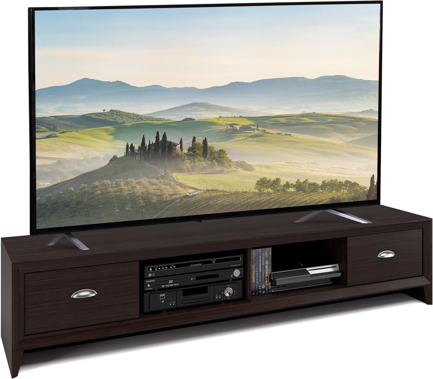 CorLiving Lakewood Modern Dark Brown Engineered Wood TV Stand with Drawers for Most TVs up to 85" for Living Room – Long, Low Profile TV Stand with Storage – Modern Under TV Stand