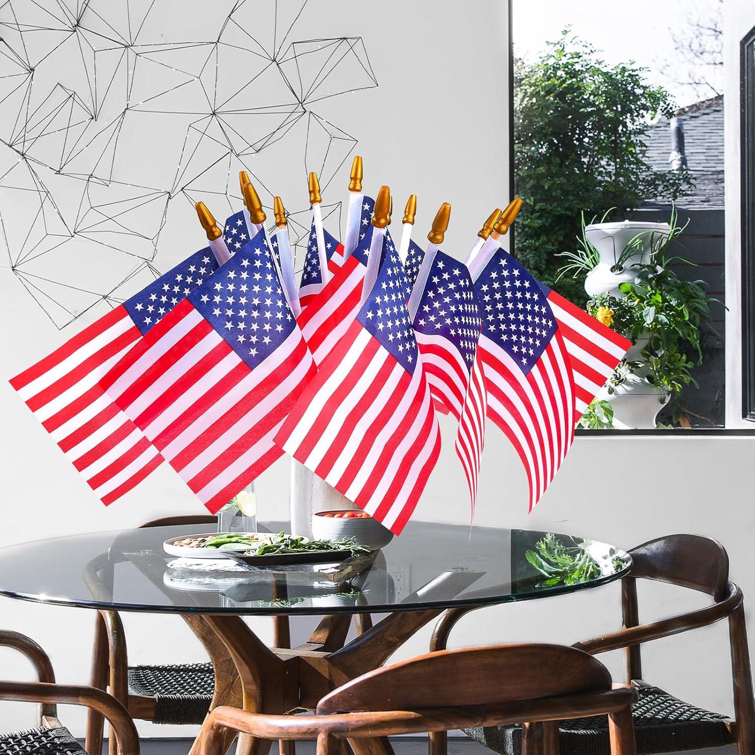 12 Pack Small American Flags Small US Flags/Mini American Flag on Stick 8x12 Inch US American Hand Held Stick Flags with Kid-Safe Spear Top, Polyester Full Color Tear-Resistant Flag