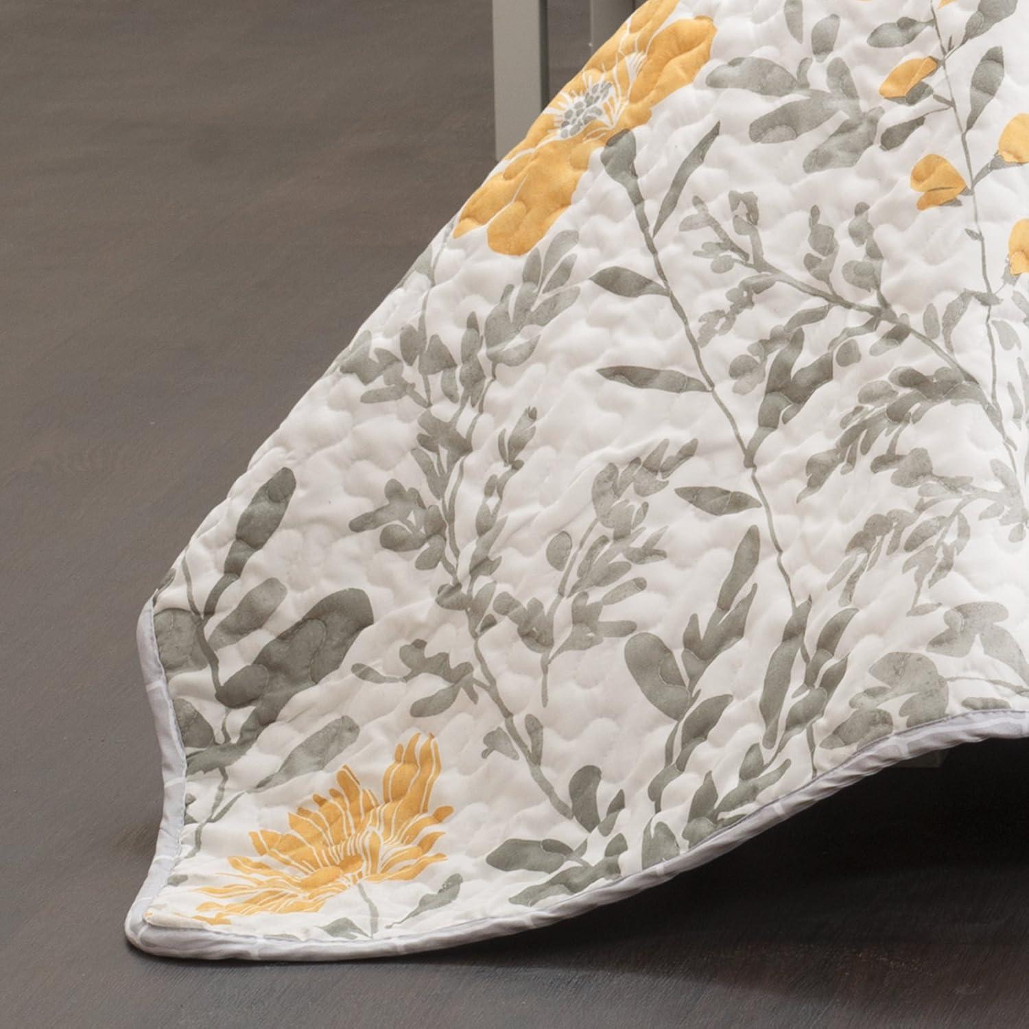 Yellow and Gray Reversible Floral King Microfiber Quilt Set