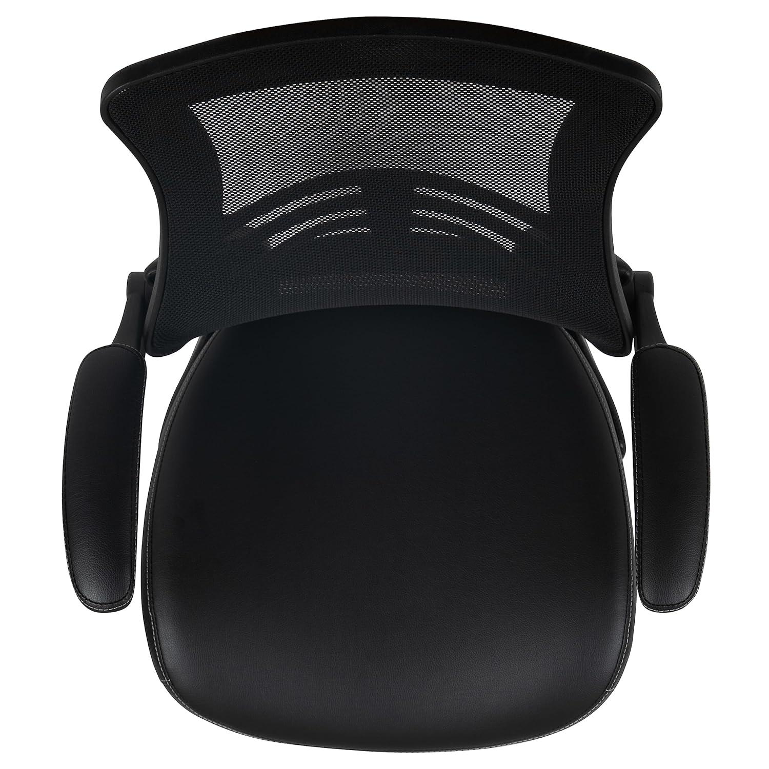 Flash Furniture Kelista Mid-Back Black Mesh Ergonomic Drafting Chair with LeatherSoft Seat, Adjustable Foot Ring and Flip-Up Arms