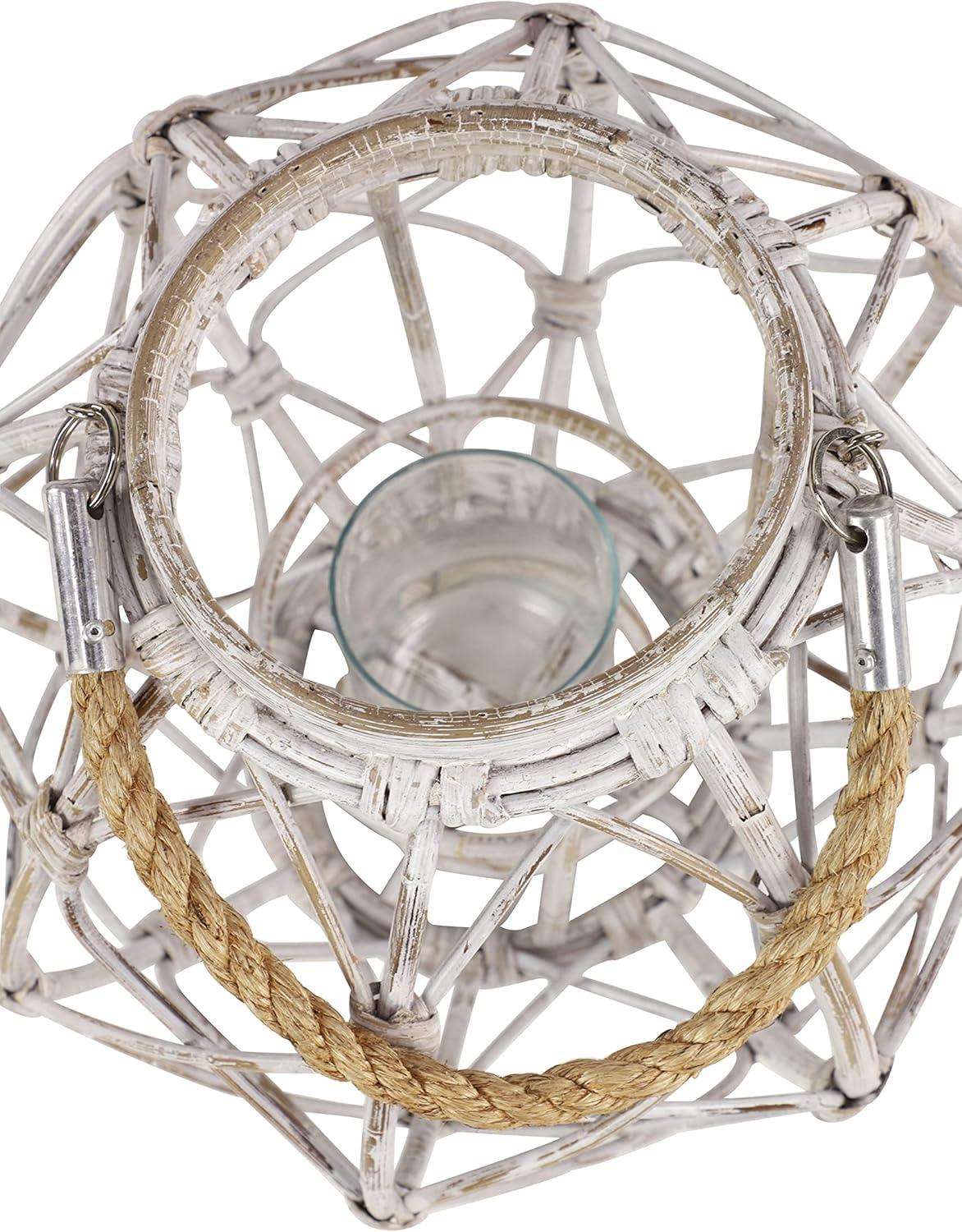 Decmode Large Round Woven Rattan White Lantern with Burlap Jute Rope Handle and Glass Insert, 15” x 15”
