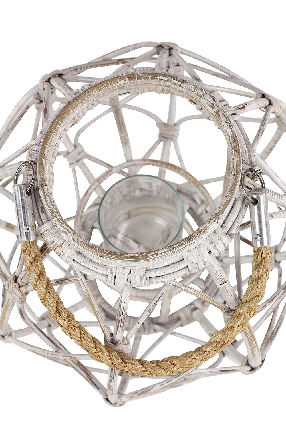 Decmode Large Round Woven Rattan White Lantern with Burlap Jute Rope Handle and Glass Insert, 15” x 15”