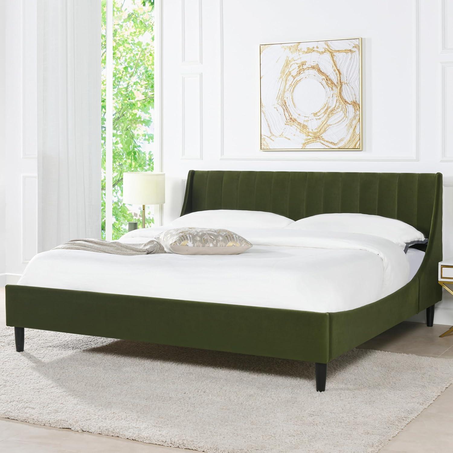 Aspen Vertical Tufted Headboard Platform Bed Set King Olive Green Velvet