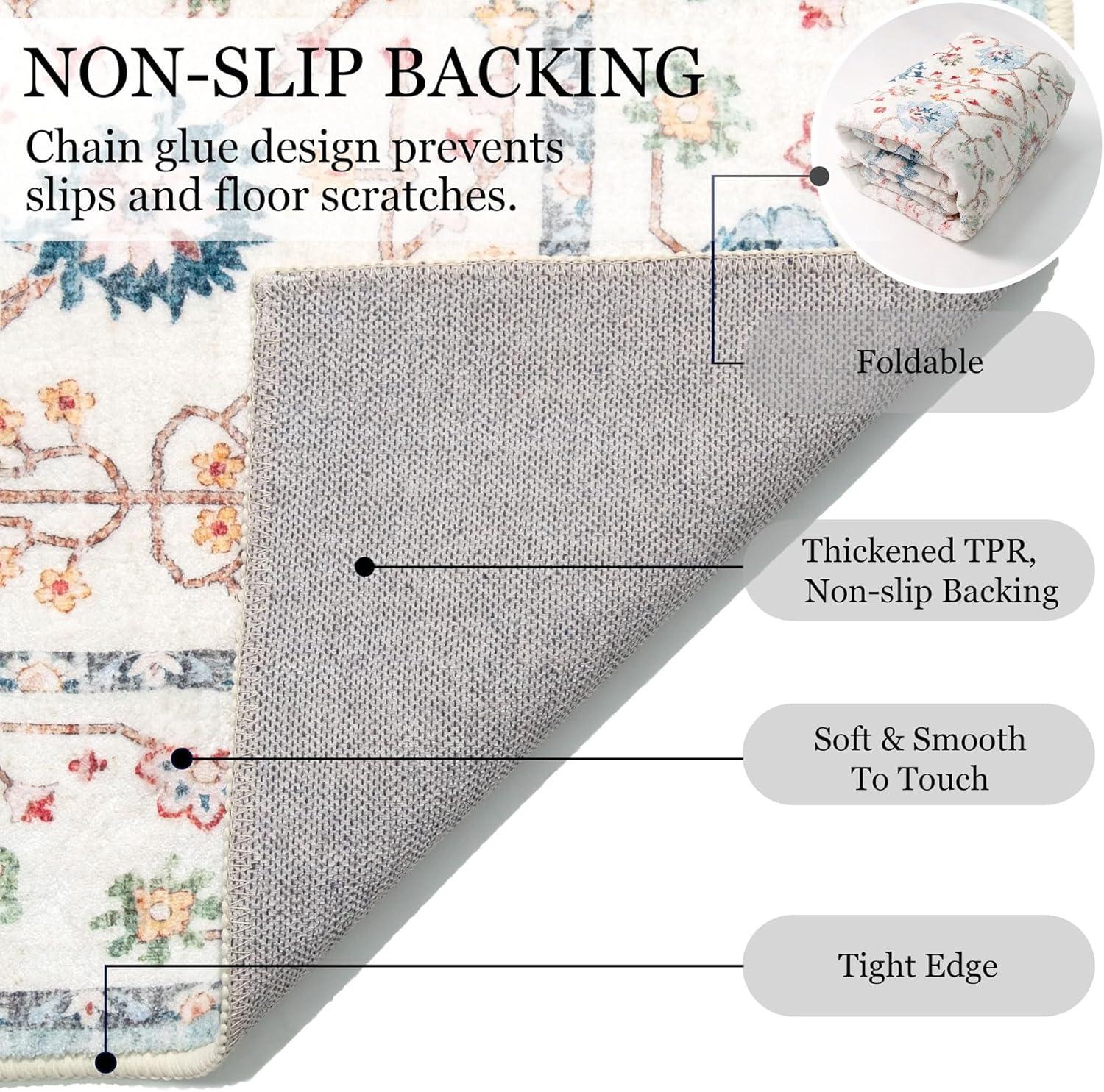 MUJOO 5x7 Area Rugs,Washable Rugs for Living Room Bedroom Bedside,Blue Boho Non Slip Carpet Indoor,Vintage Soft Teal and Pink Floral Rug