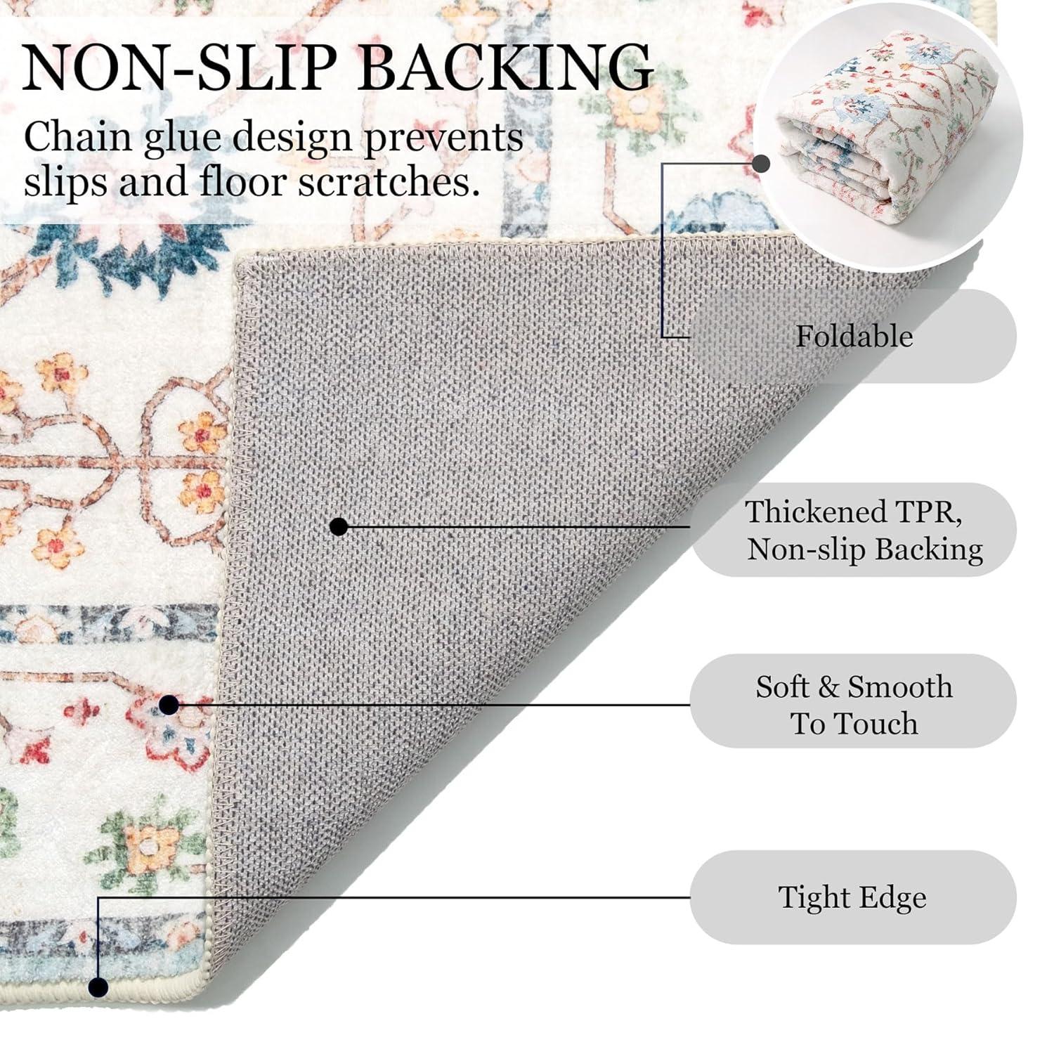 MUJOO 5x7 Area Rugs,Washable Rugs for Living Room Bedroom Bedside,Blue Boho Non Slip Carpet Indoor,Vintage Soft Teal and Pink Floral Rug