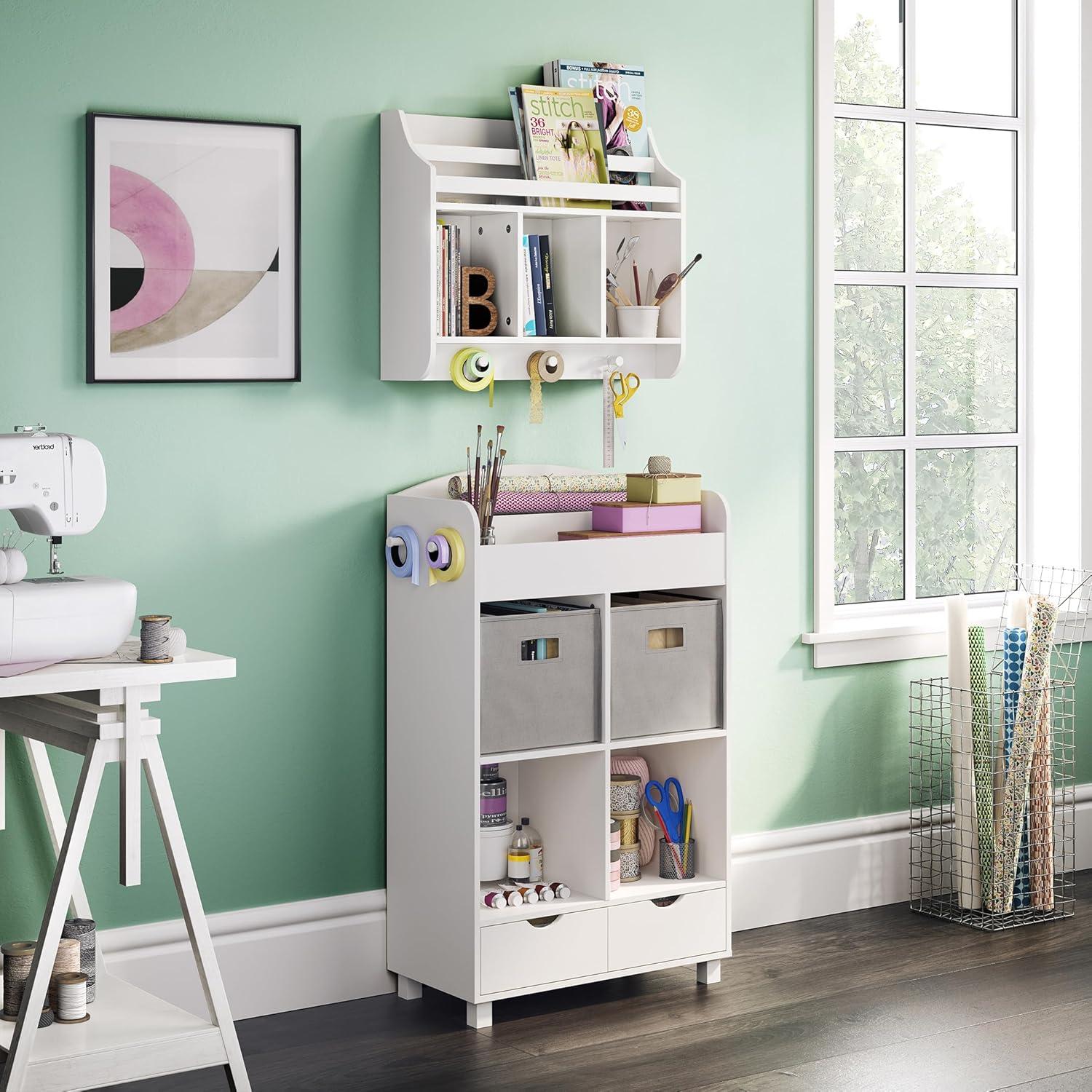 Book Nook Kids Wall Shelf with Cubbies and Bookrack - White