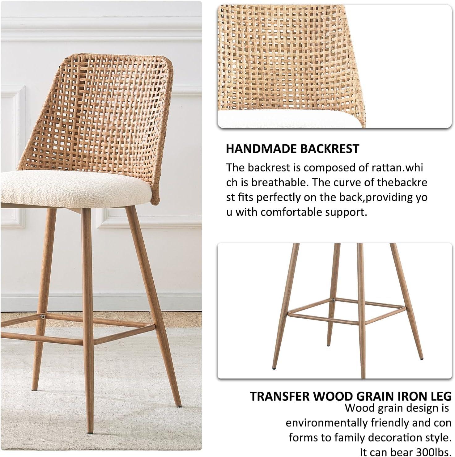 Bay Isle Home™ Rattan Counter Height Bar Stools Set Of 2, Fabric Upholstered Barstools With Pe Rattan Cane Back, Bar Chairs Counter Stools For Kitchen Island,beige White (Set of 2)