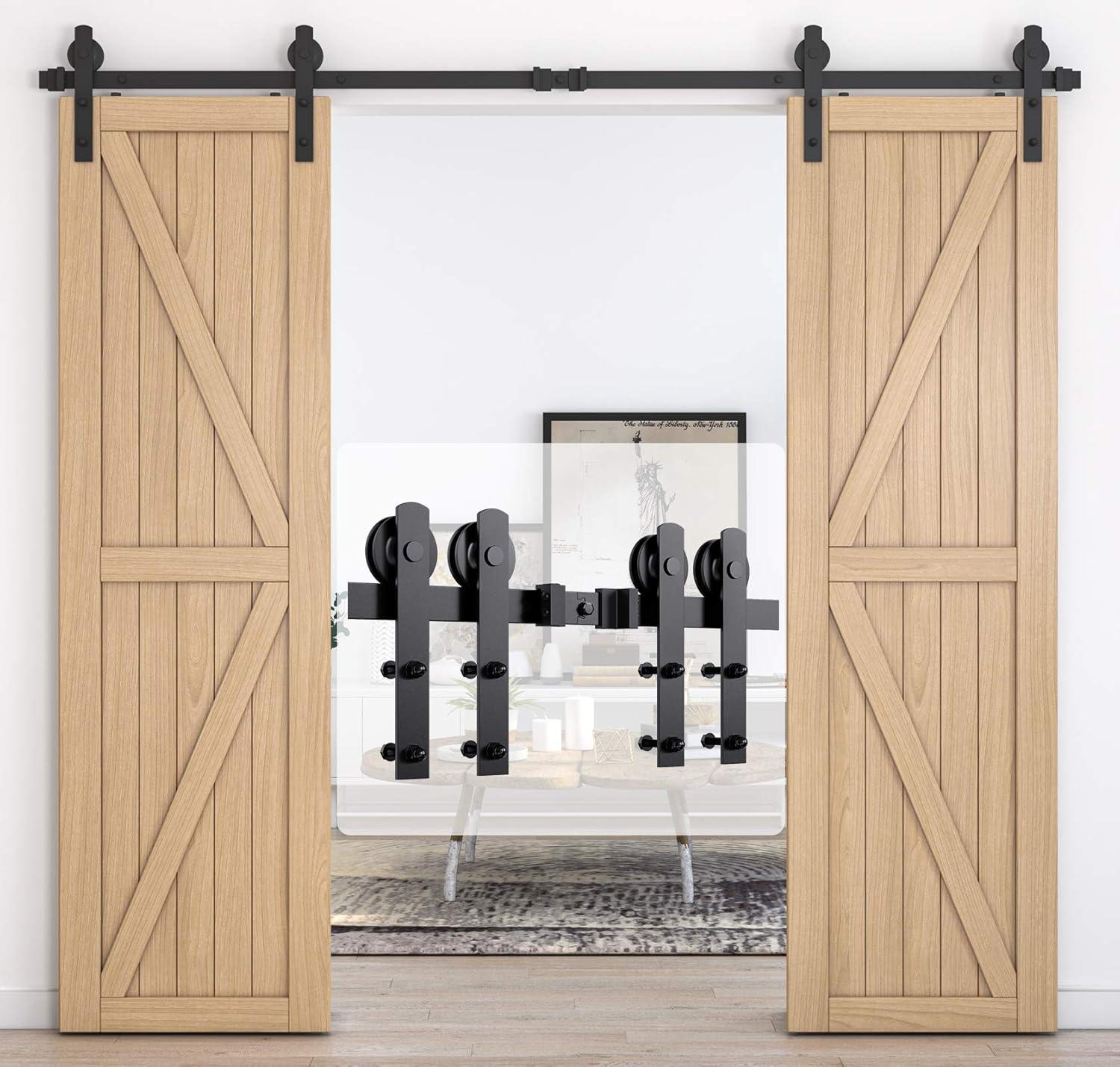 8ft Heavy Duty Sturdy Sliding Barn Door Hardware Kit, Double Door-Smoothly and Quietly, Easy to Install and Reusable - Fit 1 3/8-1 3/4" Thickness & 24" Wide Door Panel, Black(I Shape Hanger)