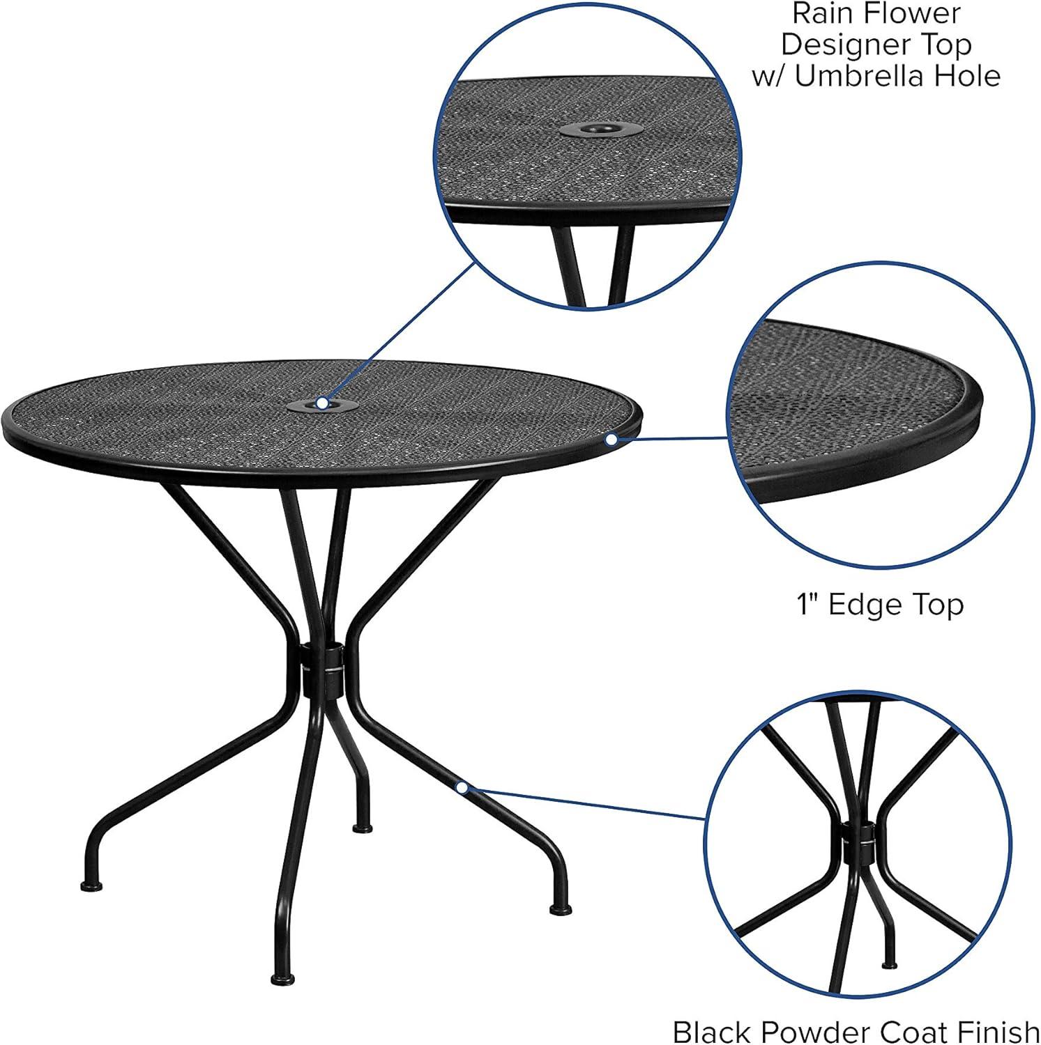 Flash Furniture Oia Commercial Grade 35.25" Round Black Indoor-Outdoor Steel Patio Table with Umbrella Hole