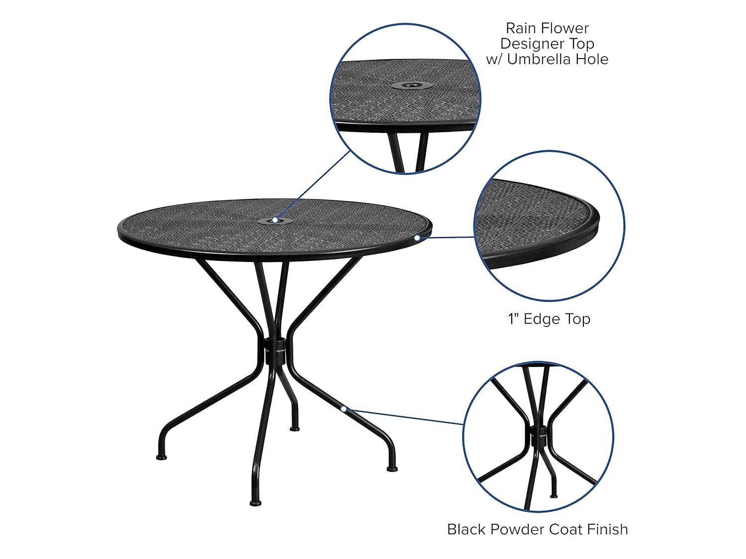 Flash Furniture Oia Commercial Grade 35.25" Round Black Indoor-Outdoor Steel Patio Table with Umbrella Hole