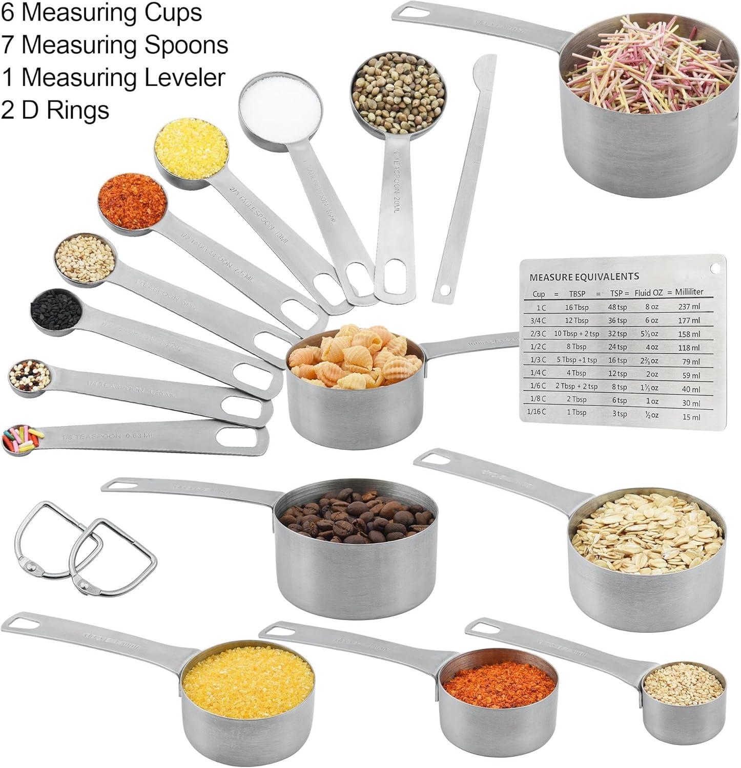 Measuring Cups and Spoons Set, Stainless Steel Measuring Cups Spoons Complete Set of 19pcs Professional Measurer Scoops Ingredients Liquid or Dry Heavy Duty Solid Measurment Cup