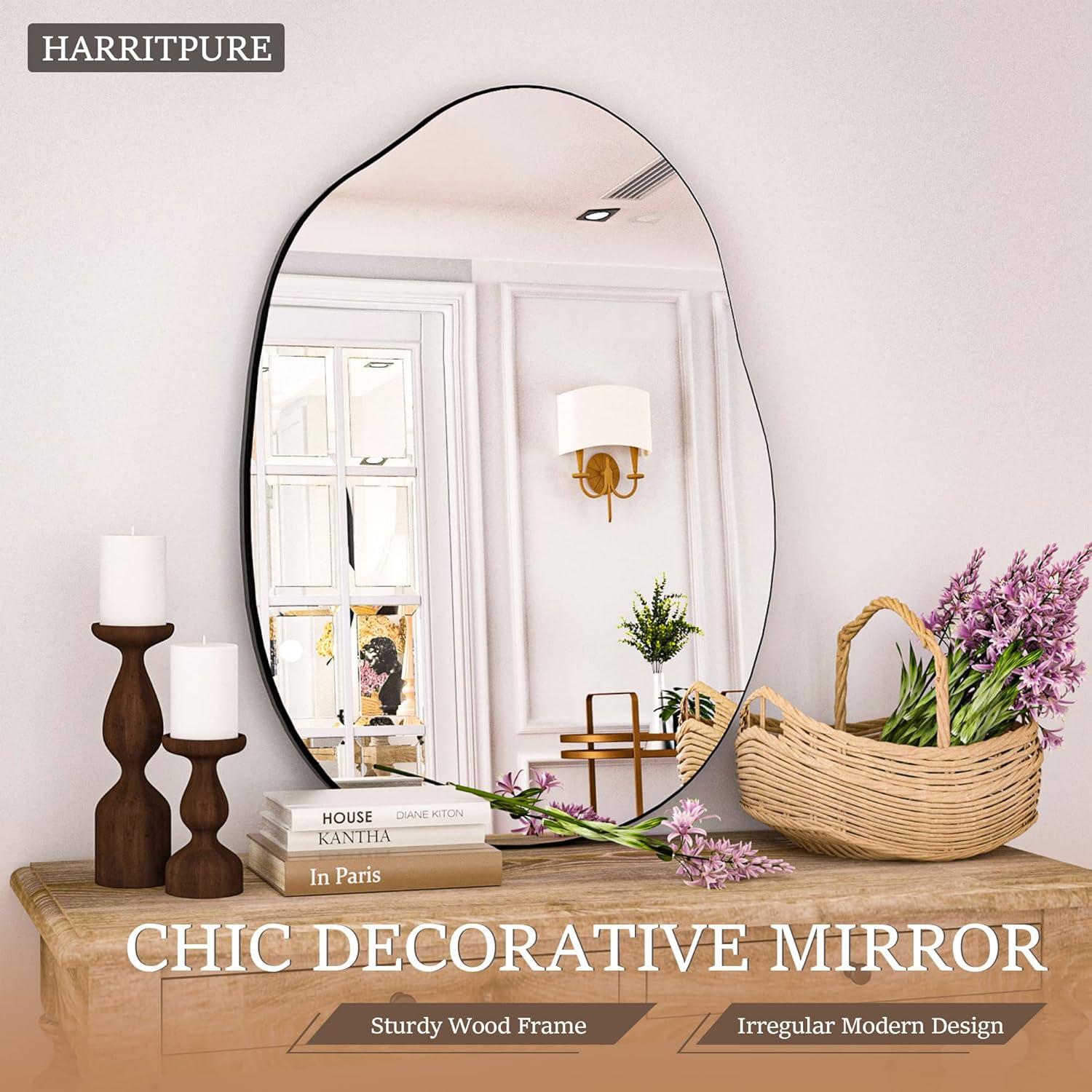 HARRITPURE Irregular Wall Mirror 26"x38" Black Asymmetrical Bathroom Mirror Wood Framed Modern Decorative Vanity Mirrors for Bedroom Living Room Entryway