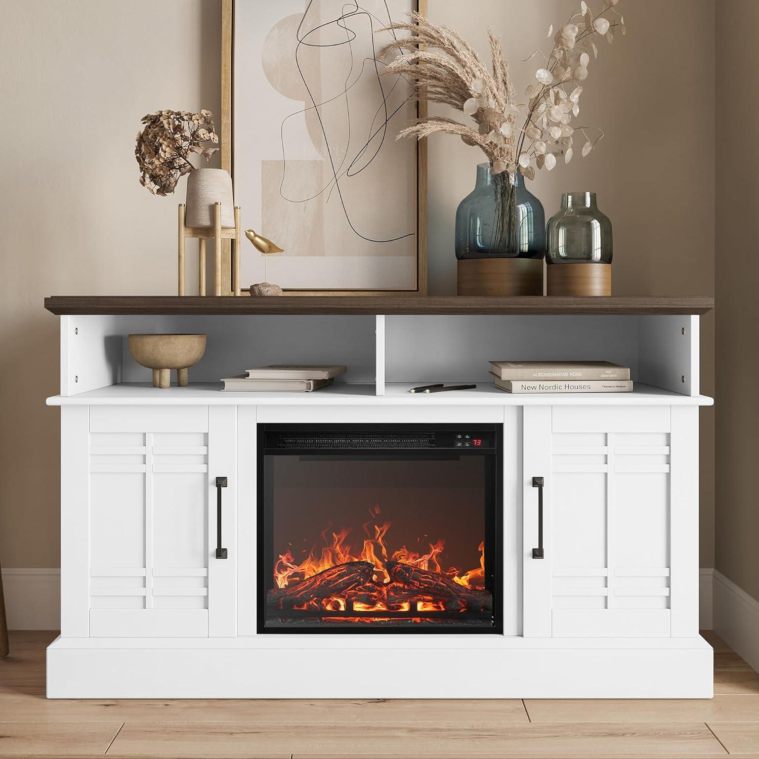 BELLEZE 47" TV Stand with 18" Electric Fireplace, Modern Electric Fireplace TV Stand for TVs up to 50", Entertainment Media Stand with Storage - Norrell (White)