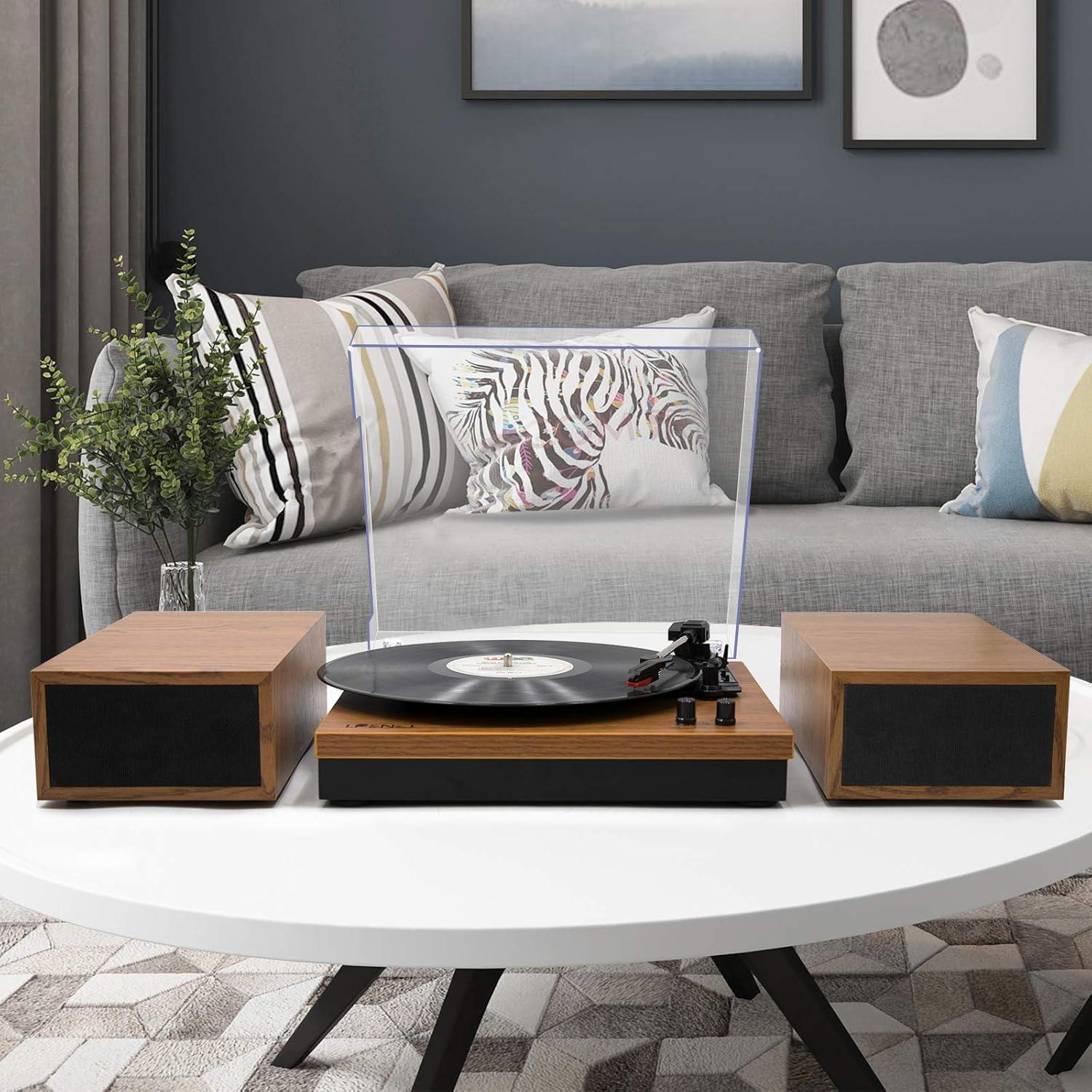 Vintage Brown Wood 3-Speed Belt-Drive Turntable with Speakers