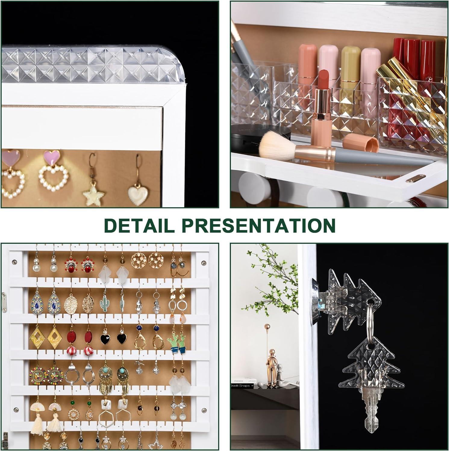 Hokku Designs LED Mirror Jewelry Cabinet,47.2" Wall Mounted Jewelry Organizer with Full-Length Mirror,Over The Door Hanging Jewelry Armoire Storage Cabinet,Folding Dresser,2 Drawers,Lockable, 3 Shelves(White)