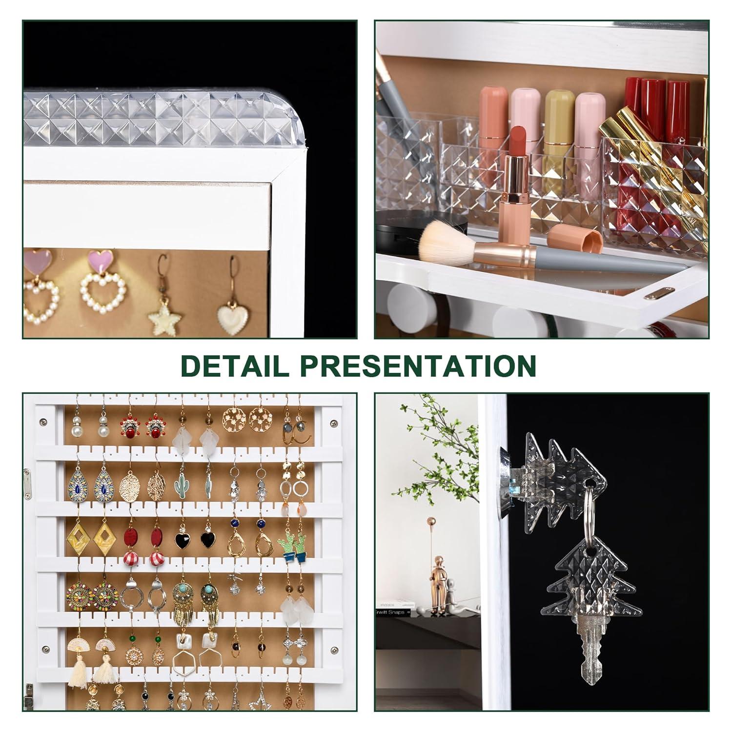 Hokku Designs LED Mirror Jewelry Cabinet,47.2" Wall Mounted Jewelry Organizer with Full-Length Mirror,Over The Door Hanging Jewelry Armoire Storage Cabinet,Folding Dresser,2 Drawers,Lockable, 3 Shelves(White)