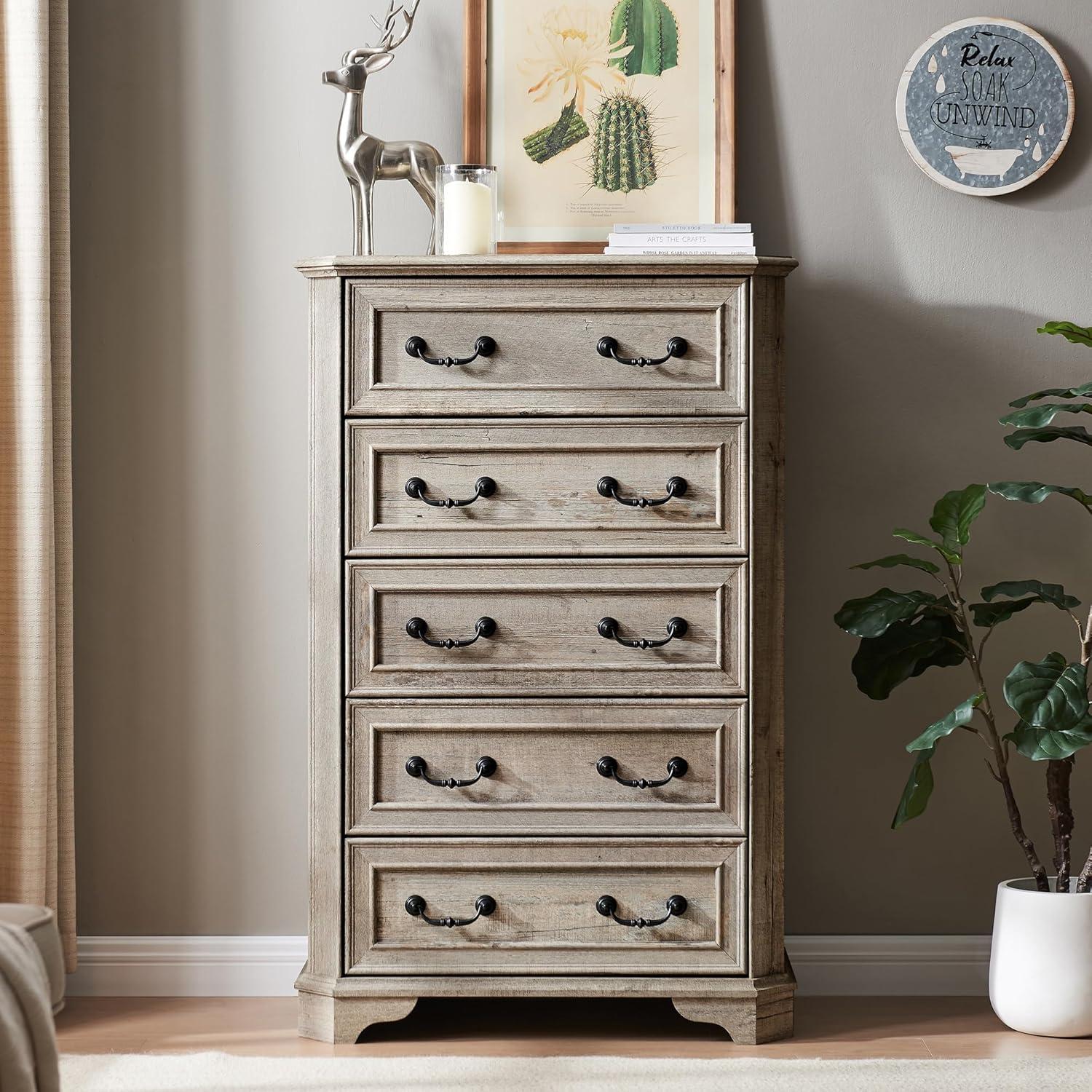 Laurel Foundry Modern Farmhouse® Theron Farmhouse 5 Drawer Bedroom Dresser, Wood Tall Chest of Drawers, Closet Storage for Bedroom