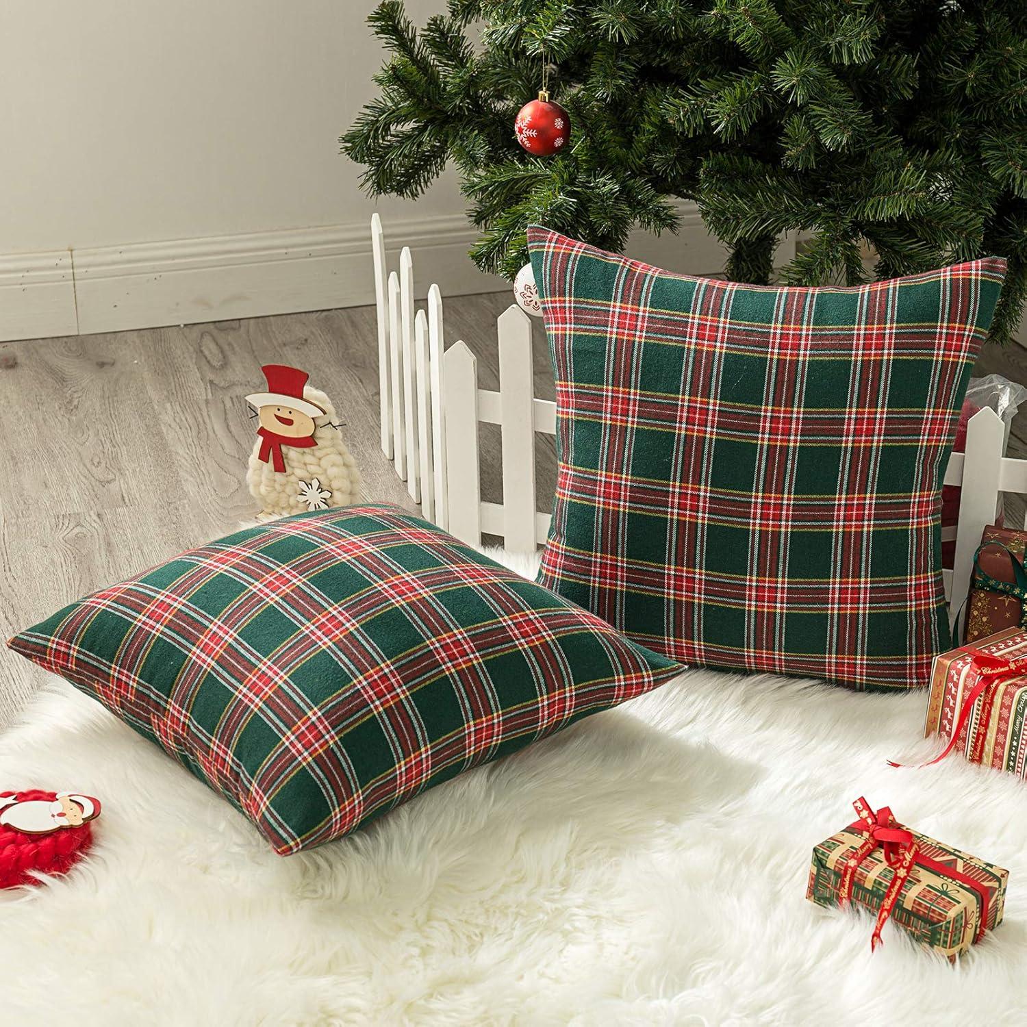 Set of 2 Christmas Scottish Tartan Plaid Throw Pillow Covers Cushion Case for Farmhouse Home Decor, 18 x 18 Inches