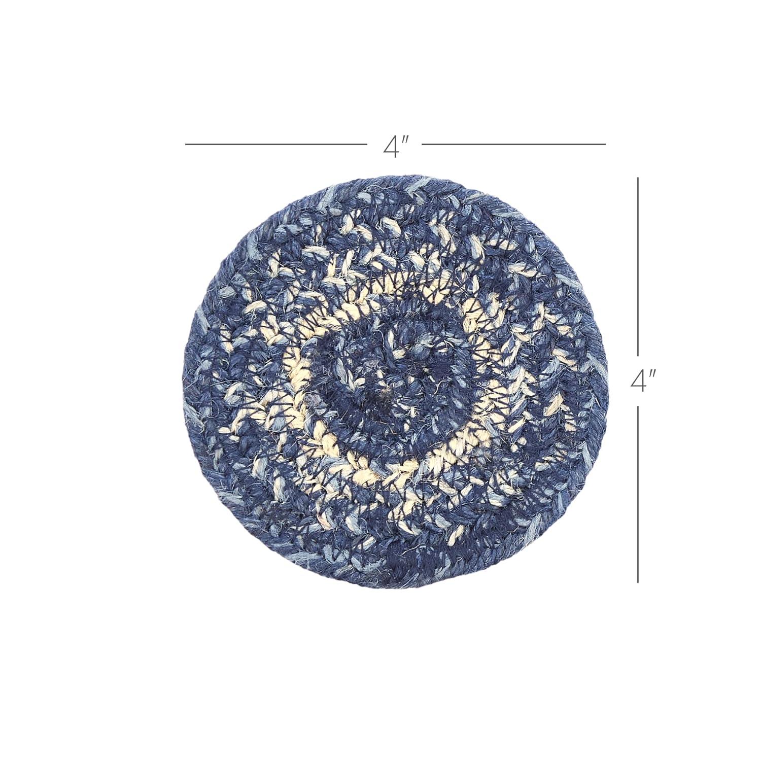 VHC Brands Great Falls Blue Coasters, Blue White, Jute Blend, Round Circle, Set of 6 Coasters