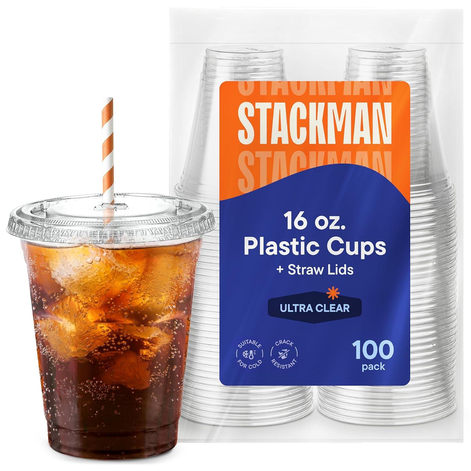 Stack Man Clear Plastic Cups with Lids 12 oz [100 Sets] Disposable Iced Coffee Cups with Straw Lids