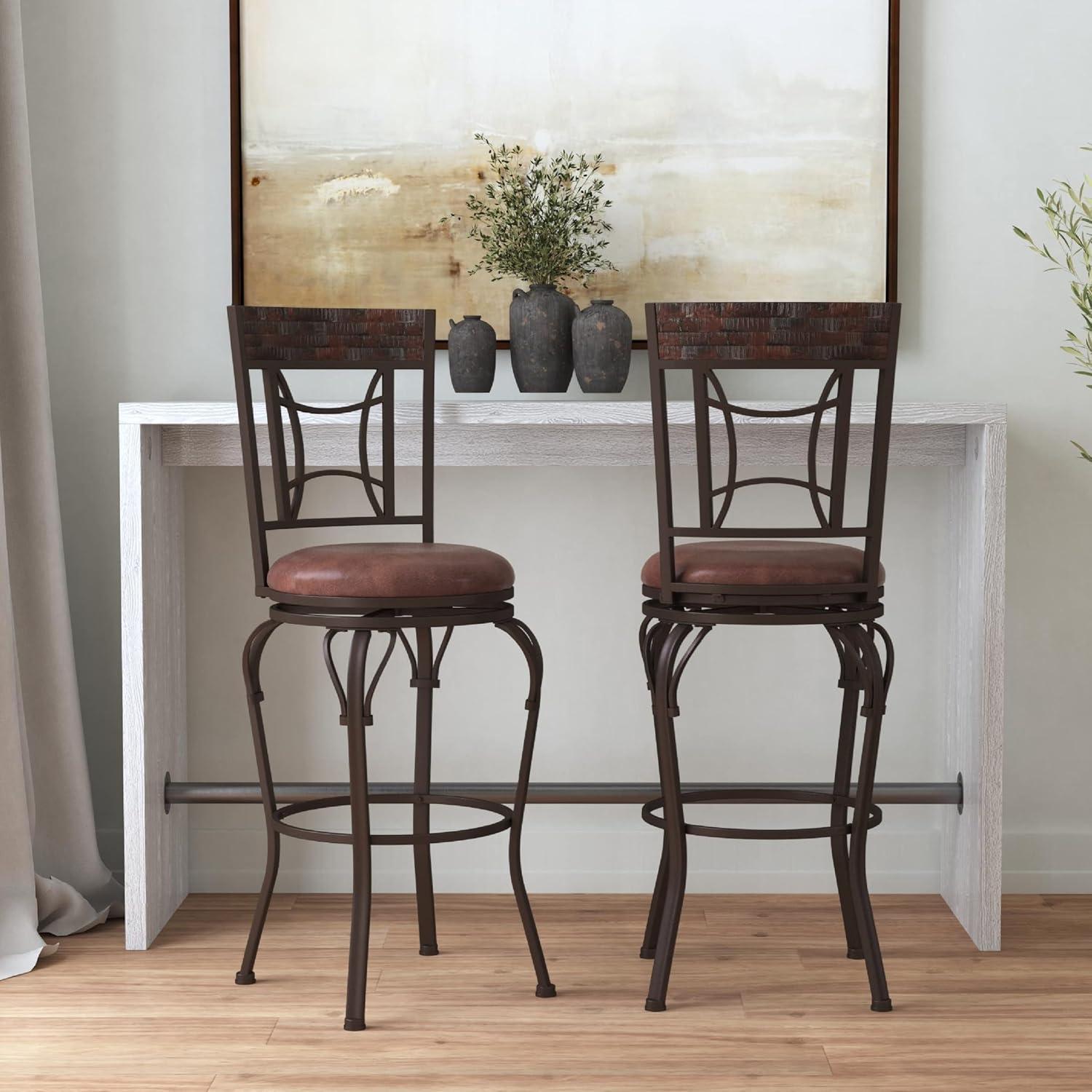 Traditional Dark Chestnut Swivel Bar Stool with Antique Brown Leather