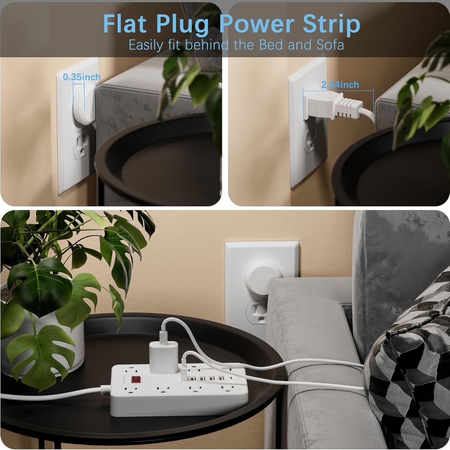 White 5 ft Power Strip with 8 Outlets and 6 USB Ports