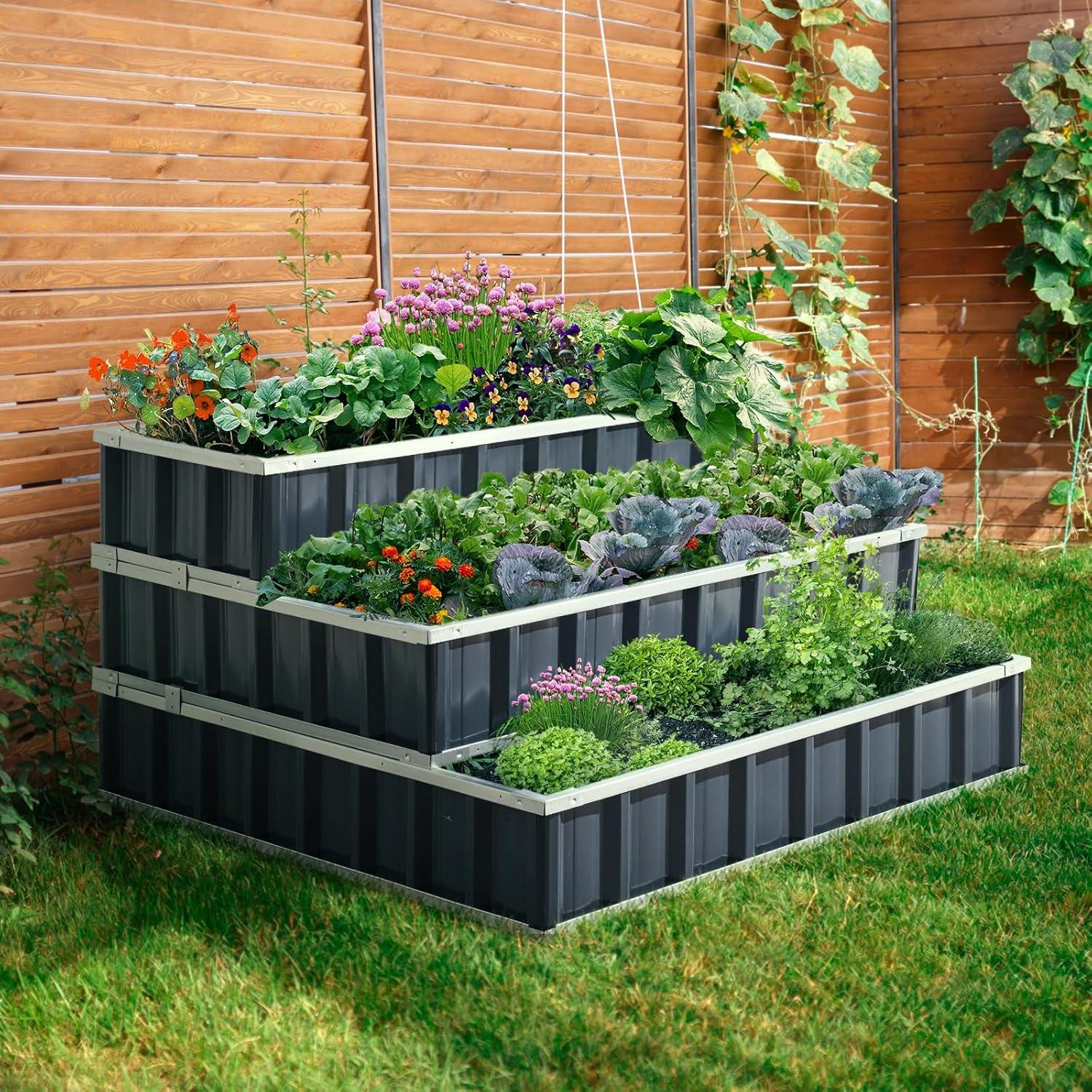 46" x 46" x 23.6" Dark Grey Galvanized Steel 3-Tier Raised Garden Bed