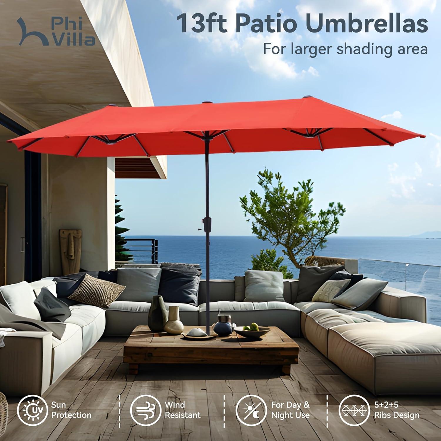 MAISON ARTS  Double-Sided 13-foot Twin Outdoor Market Crank Umbrella with Colored LED Lights Red-No Lights
