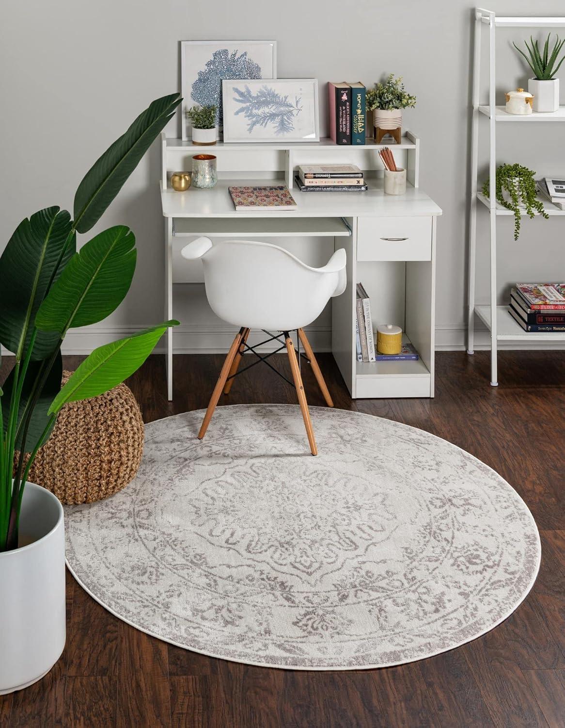 Unique Loom Oxford Collection Area Rug - Bodleian (3' Round Ivory/Gray)