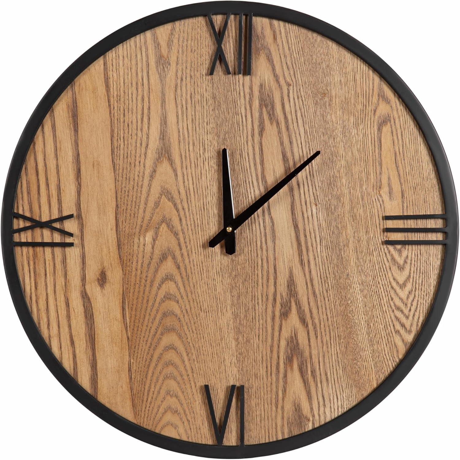 Kate and Laurel Pronte Modern Round Wood and Metal Wall Clock, 22 Inch Diameter, Rustic Brown and Black, Decorative Minimal Clock for Bedroom, Entryway, or Living Room Decor