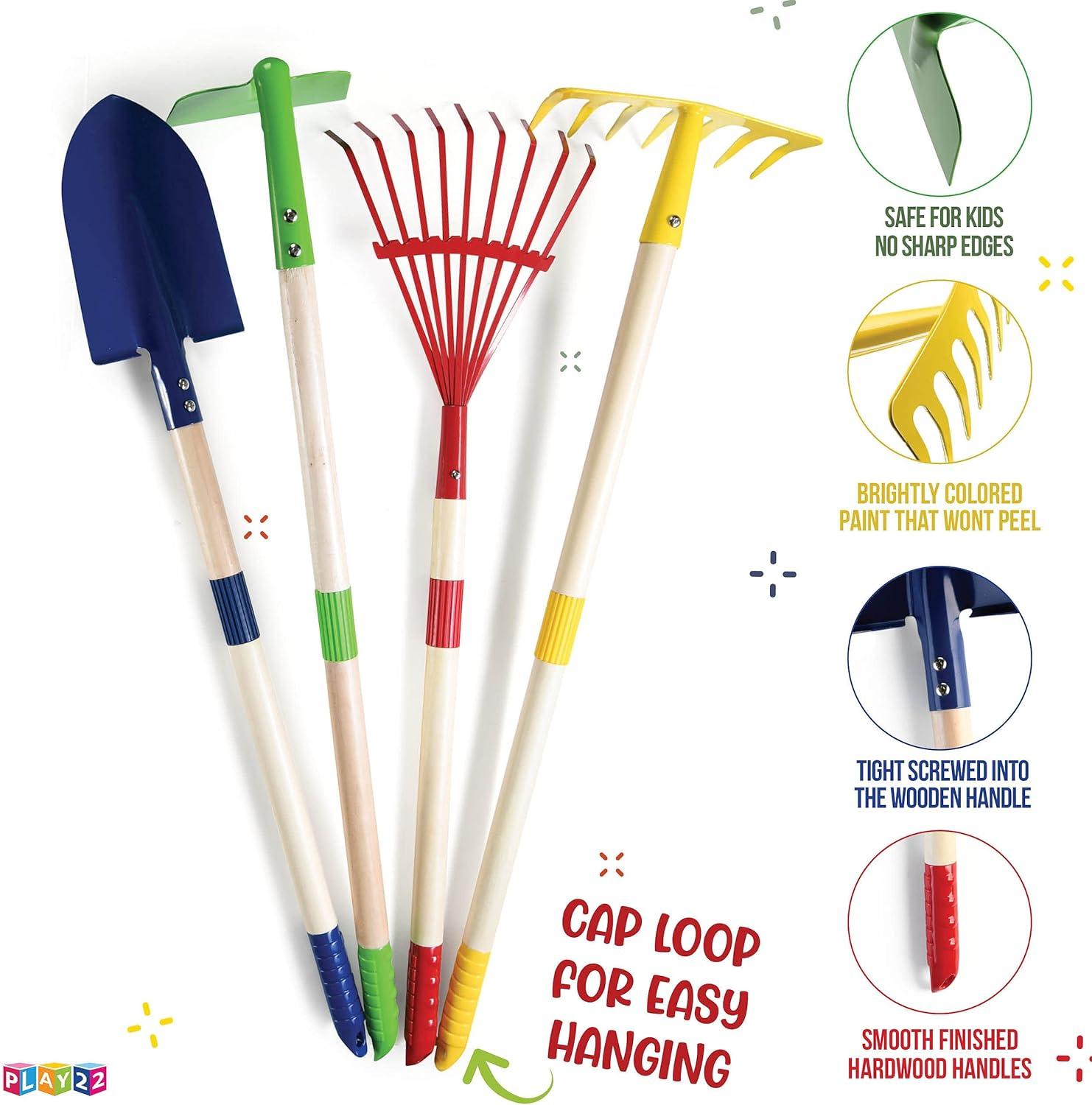 Play22 Kids Garden Tool Set Toy 4-Piece - Shovel, Rake, Hoe, Leaf Rake, Wooden Gardening Tools for Kids Best Outdoor Toys Gift for Boys and Girls