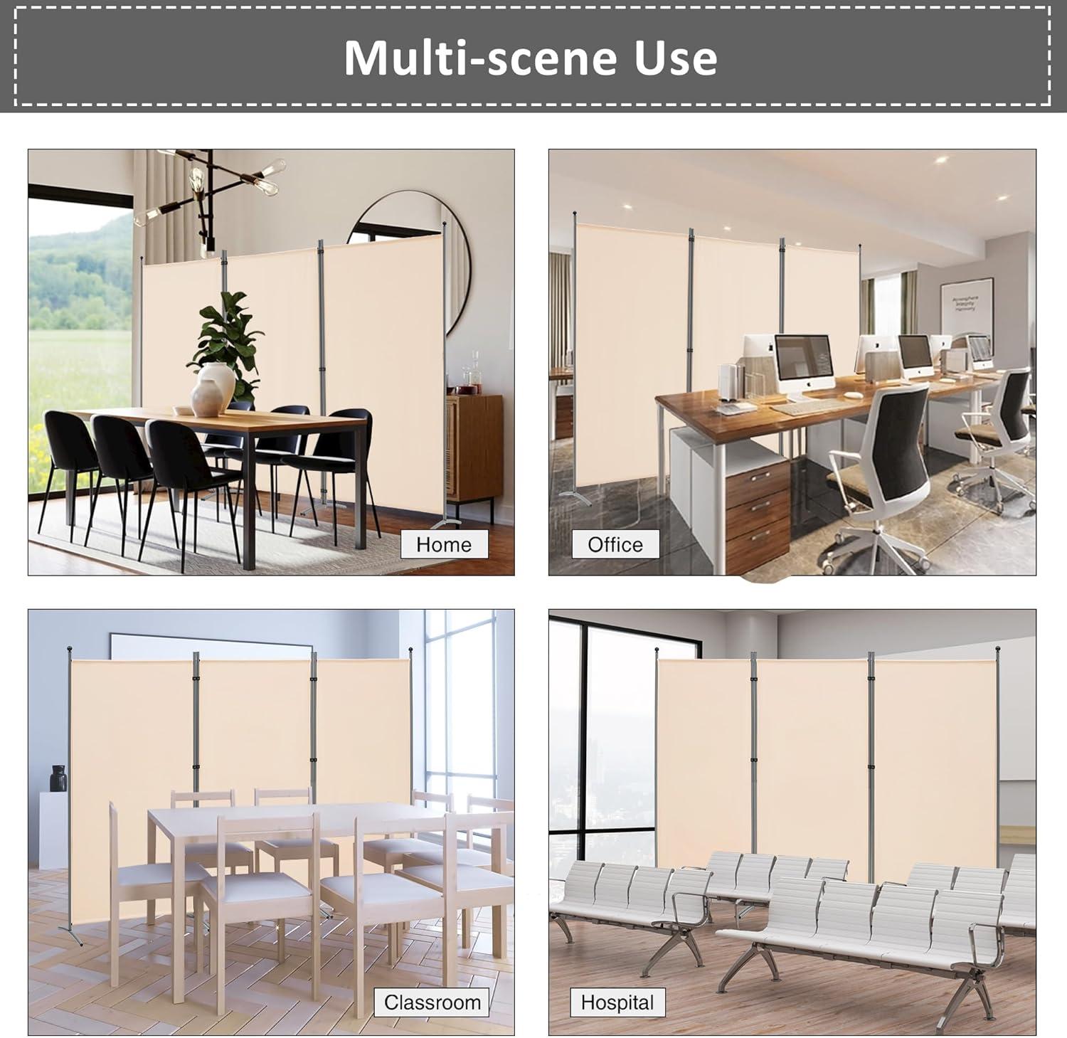 Beige 3-Panel Folding Fabric Room Divider with Metal Frame