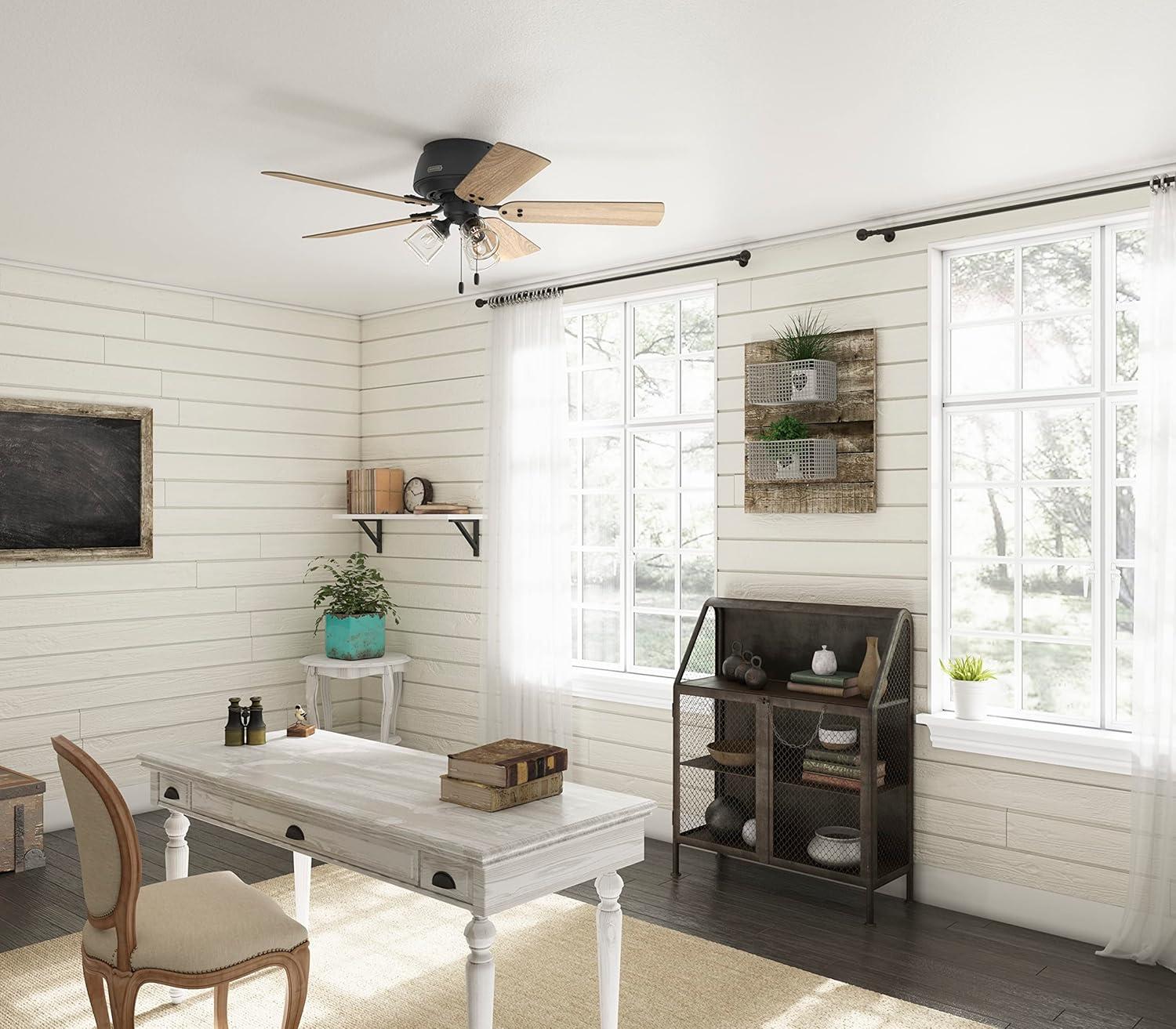 52" Matte Black and Wood Low Profile Ceiling Fan with LED Light